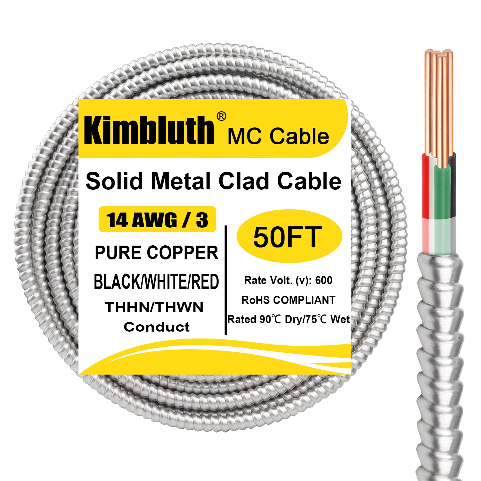 Kabel pokryty metalem (MC) 14/3 z uziemieniem 50 stóp, przewód elektryczny 14 z aluminiową armaturą, solidne nieizolowane przewody miedziane do podziemnej instalacji podtynkowej w