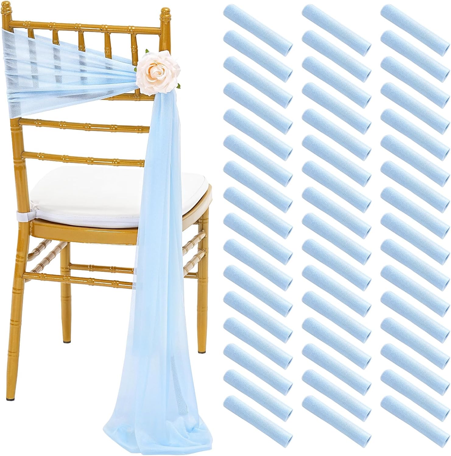 Fanqisi Light Blue Wedding Chair Sashes: 48 Pieces 8ft Long Chair Bow Designed Decorative - Baby Shower Aisle Party Decoration