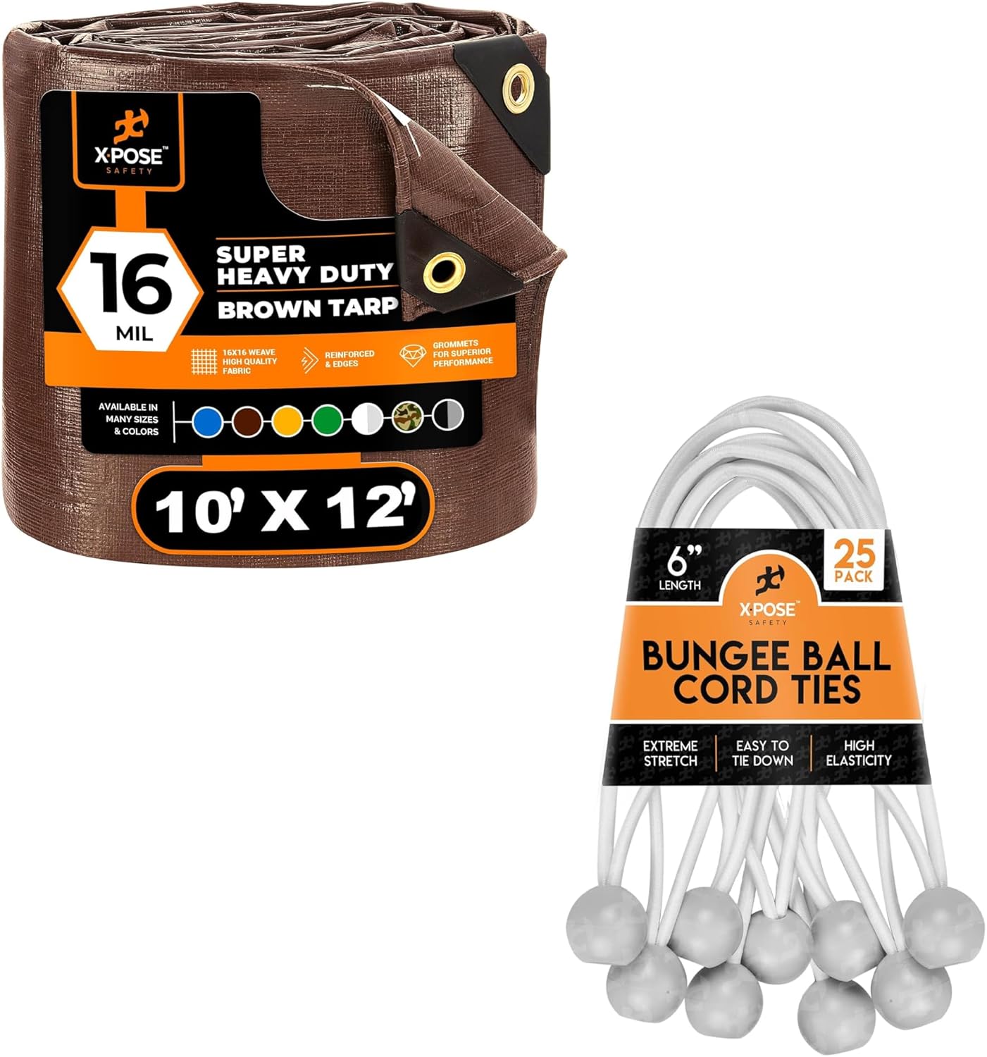 10' x 12' Heavy Duty 16 Mil Brown Poly Tarp with Reinforced Grommets + 6" White Bungee Ball Cords (25 Pack) for Tarps, Canopies, Walls, and Cable Organization – Xpose Safety