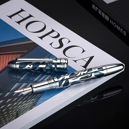 Miniatura 8 de Asvine P80 Pluma estilográfica de llenado de pistón punta fina, esqueleto araña transparente gris azul acrílico estuche y juego de llaves