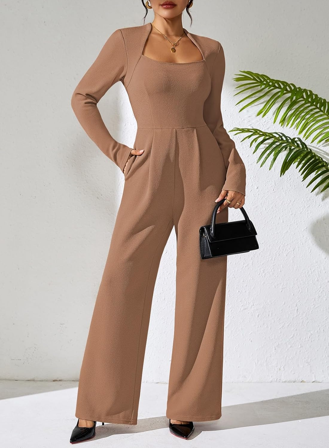 Pink Queen Jumpsuits for Women Dressy Scoop Neck Long Sleeve Wide Leg Romper One Piece Trendy Outfits - Image 7