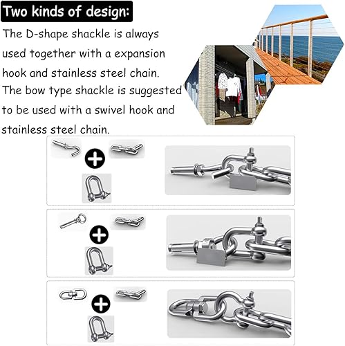 Miniatura 6 de Grillete en forma de D 304 de acero inoxidable de 532 pulgadas, 14 pulgadas, 516 pulgadas, 38 pulgadas, 916 pulgadas, para cadenas Wirerope