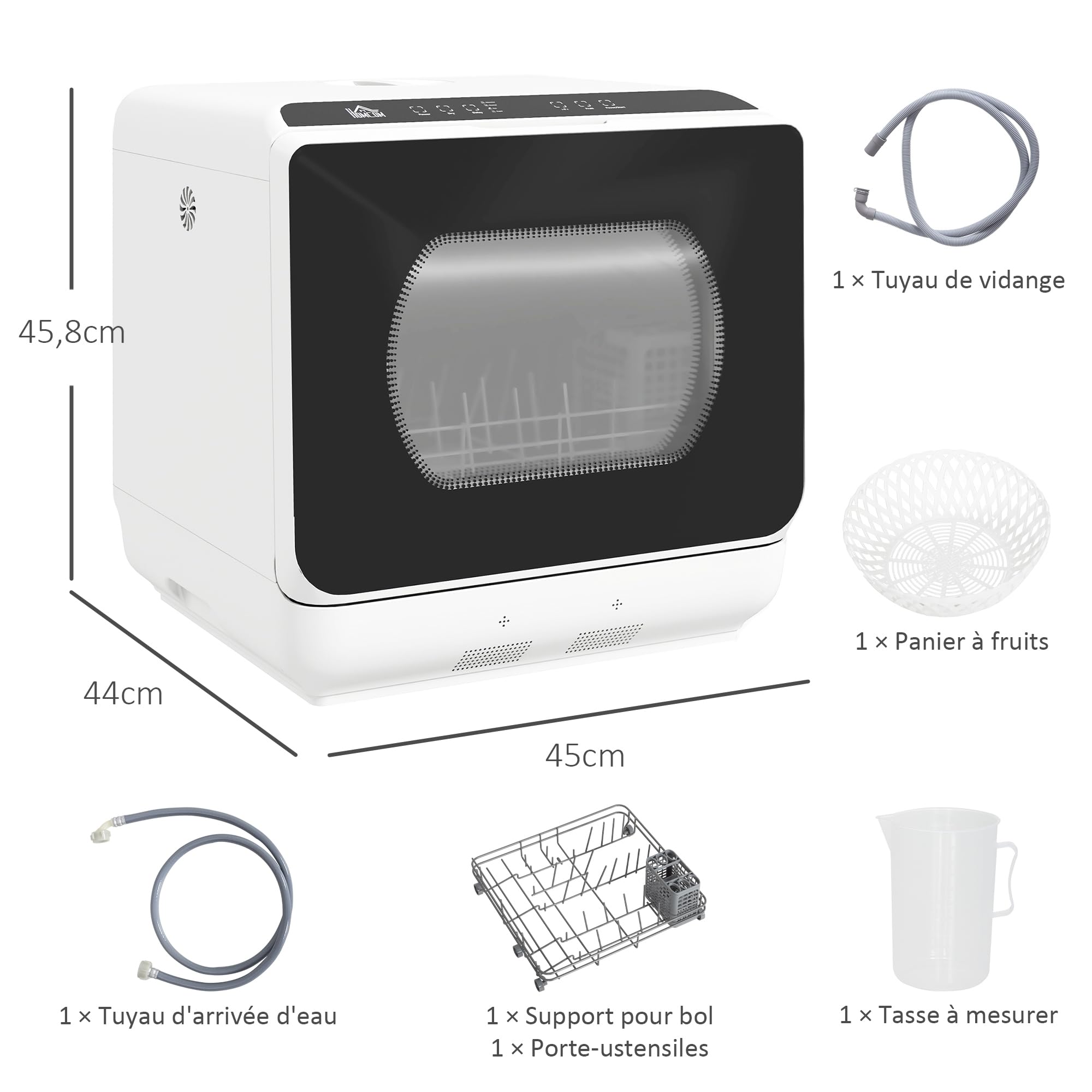 HOMCOM Mini lavastoviglie, lavastoviglie da tavolo, 5 programmi, doppia alimentazione dell'acqua e modalità di lavaggio della frutta, serbatoio dell'acqua da 6 L, comandi a sfioramento, display LED,