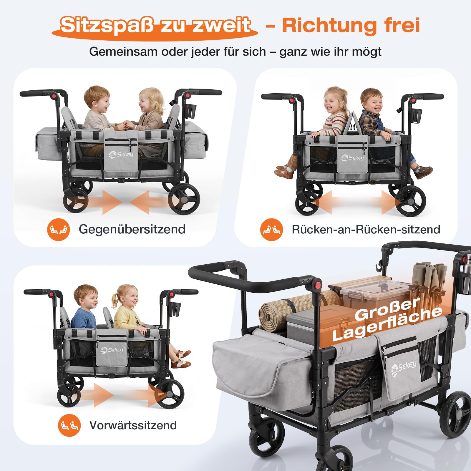 Sekey Bollerwagen Kinder Zwillingsmodus, Bollerwagen Faltbar mit Dach 2 Kinder, Duo Schiebegriff Kinderwagen Doppelsitz mit 2 integrierten 5-Punkt-Gurtsystem, Zwillingskinderwagen Luxer 6060, Grau