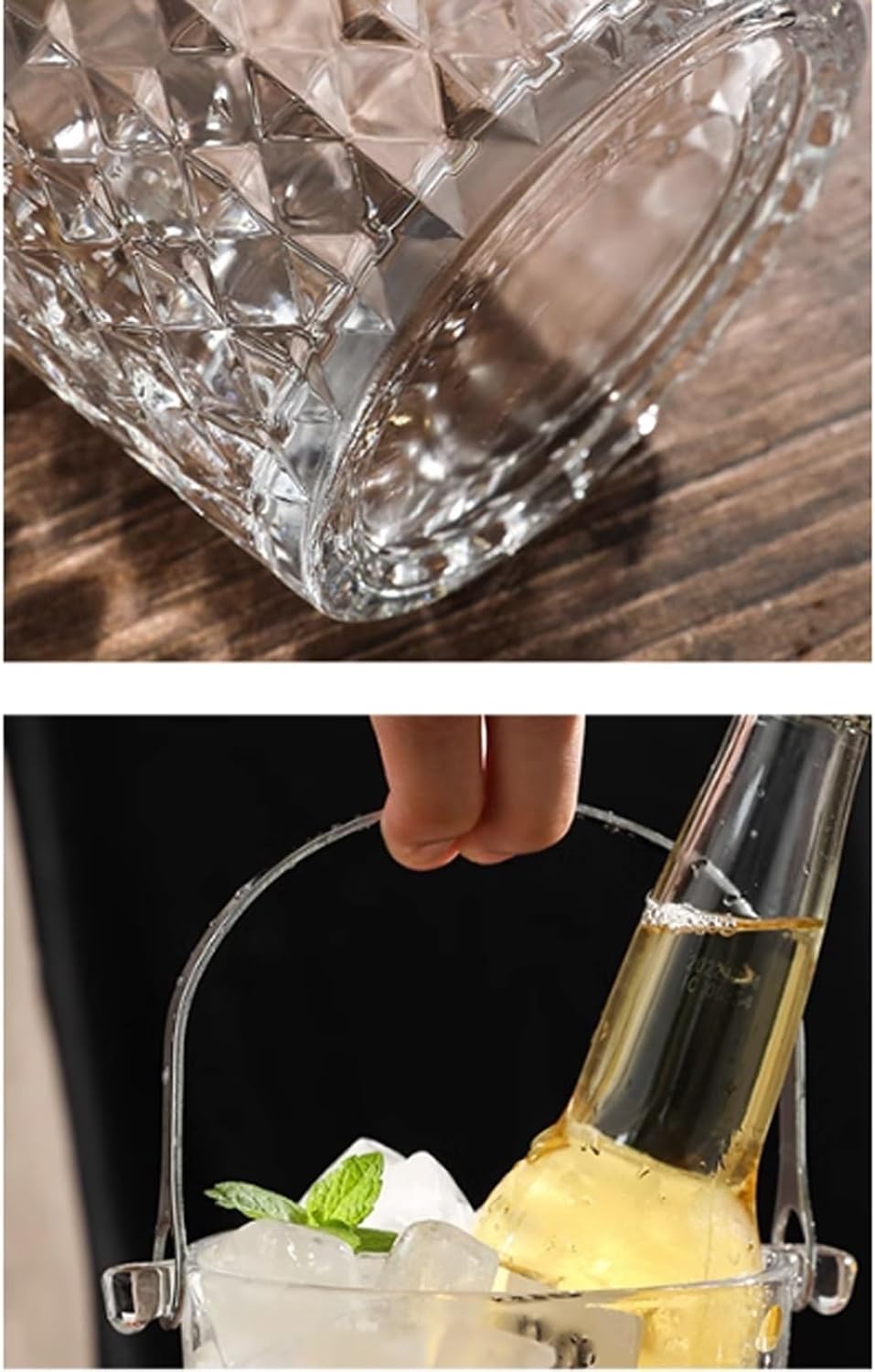 Ice Bucket Quality Glass Ice Bucket 900ML Transparent Champagne Bucket for Home Party with Handles Ice Buckets For Parties(B)