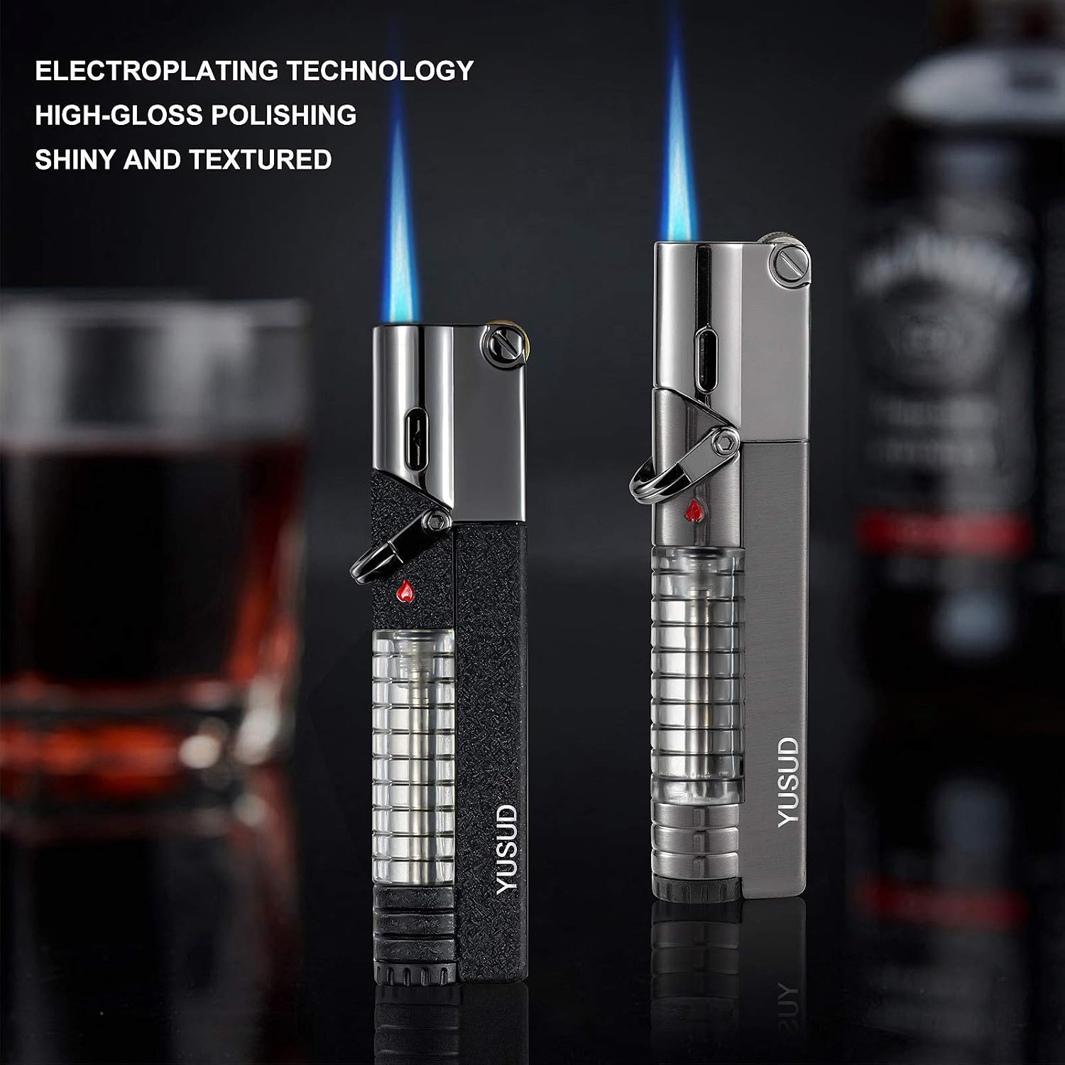 YUSUD Butane Fuel Lighter, 2 Pack Torch Jet Lighter with Visible Gas, Lockable Flame, Windproof Lighters, Unique Gifts for Men, Women