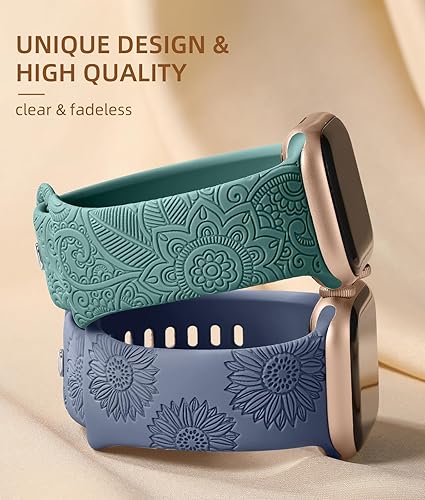 Vista 100 de Odbeai Correa deportiva de silicona suave con grabado floral compatible con Apple Watch de 1.496 pulgadas, 1.575 pulgadas, 1.614 pulgadas, 1.654