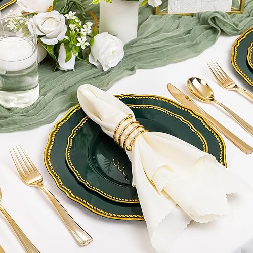 Miniatura 28 de Hioasis 60 platos de plástico dorados, vajilla desechable blanca y dorada con borde dorado, resistente, 10.25 pulgadas, platos llanos para fiestas