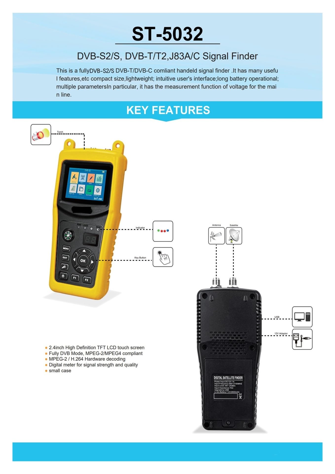 Puntatore Satellitare, Misuratore del segnale satellitare digitale da 950 a 2150 MHz con schermo LCD, misuratore di potenza DVB-S2/S DVB-T2/T DVB-C