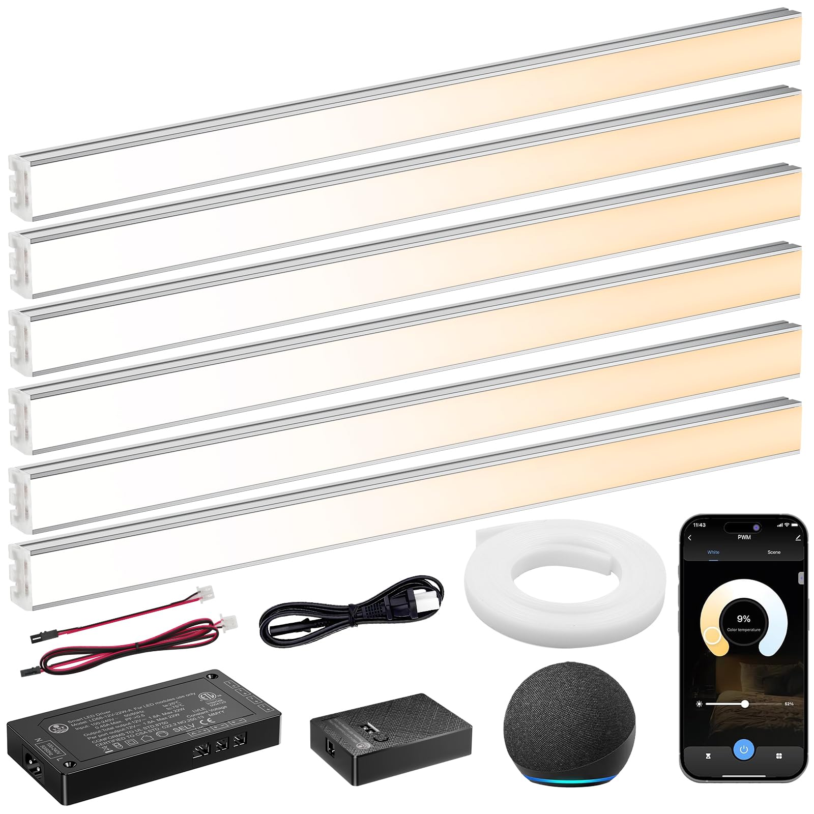 VST Smart Under Cabinet Lighting 6 Bars - UL Listed CRI 93+ Adjustable COB Strip Lights, Alexa & Google Home Compatible, App/Voice/Hand Wave Control for Kitchen Cabinets & Closets