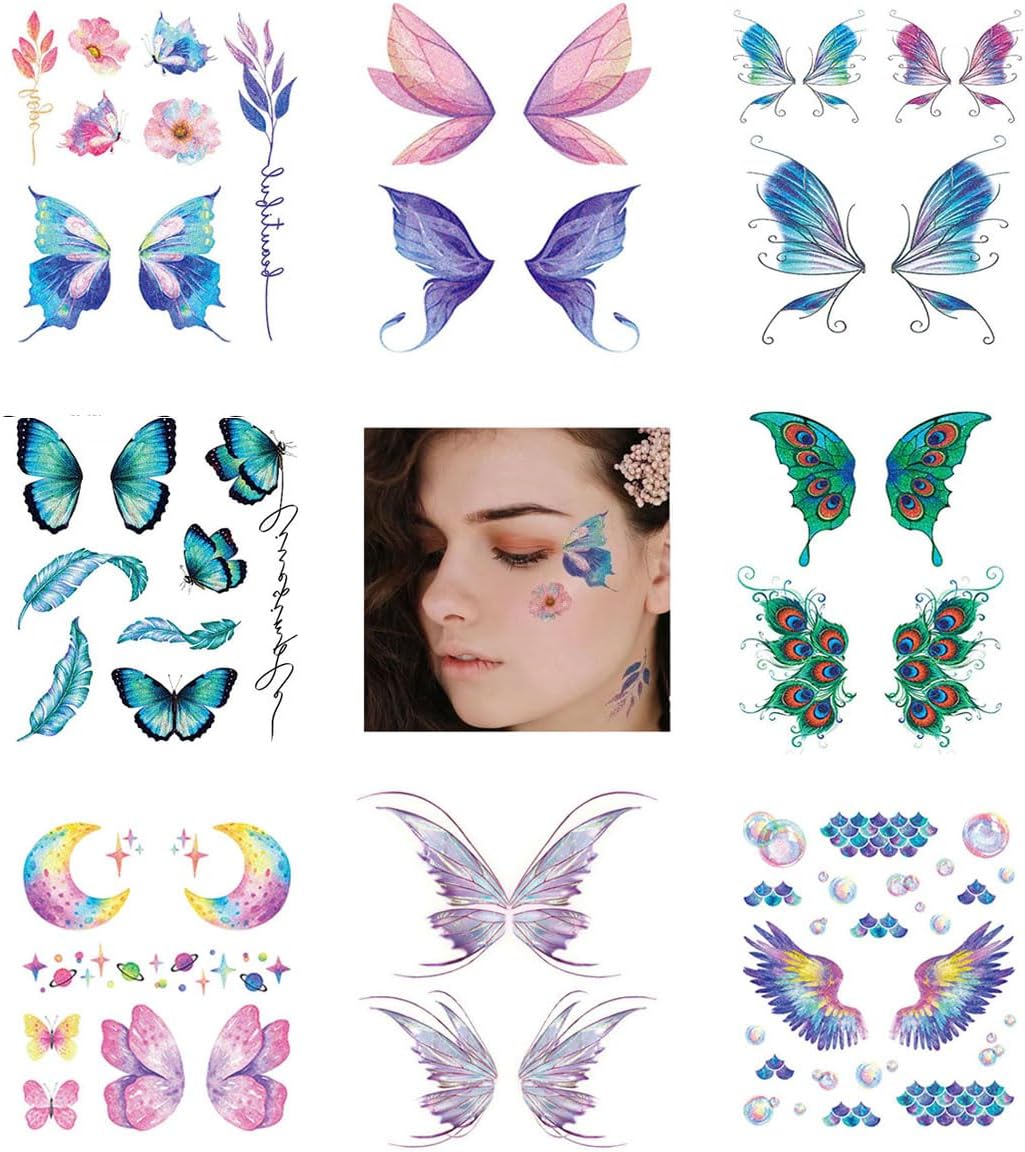 8 Sheets Butterfly Angel Wings Temporary Tattoo, Colorful Waterproof Tattoo Stickers for Women Girls, Mixed Styles Fake Tattoos for Face Body Hand Party Gifts Decoration