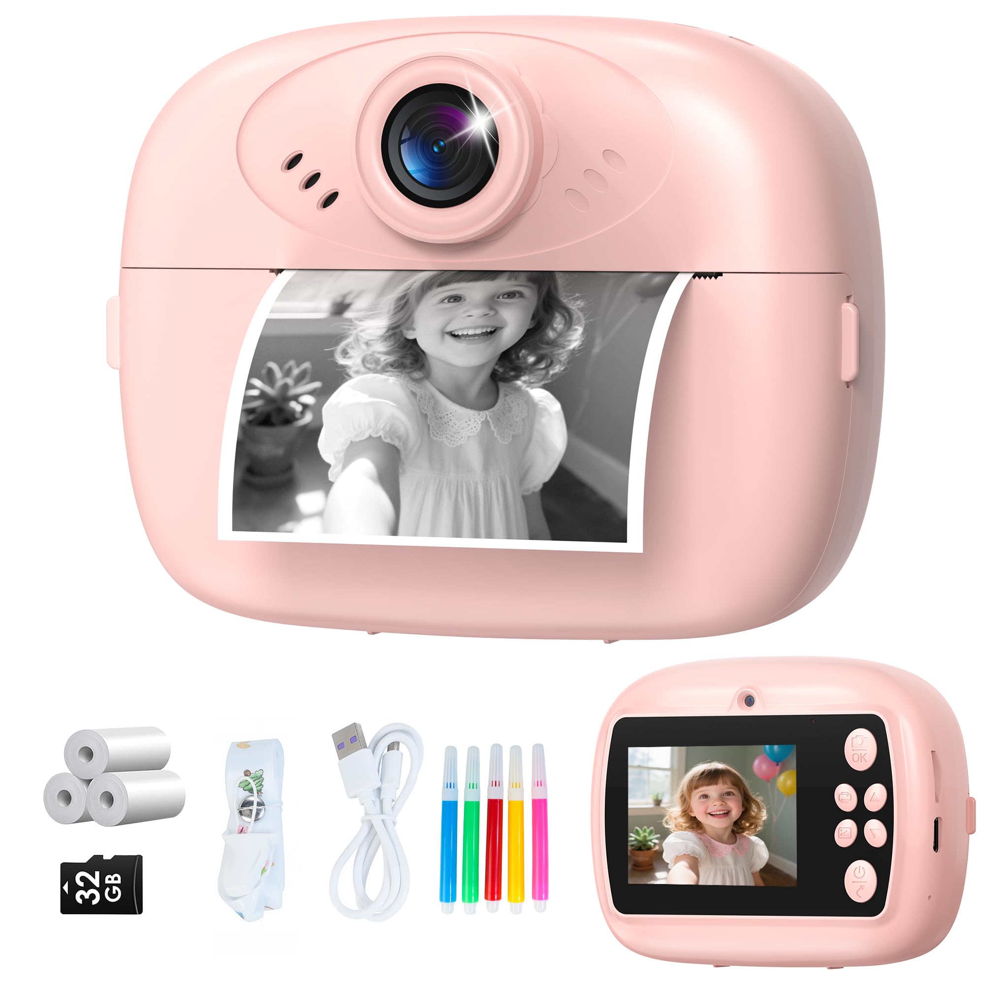 Photo 1 of Kids Camera Instant Print, 1080P Digital Camera for Kids with 32GB SD Card, Toddler Girl Toys Birthday Festival Gifts for 3 4 5 6 7 8 9 10 Year Old Girls, Portable Travel Toys for Girls Age 3-10