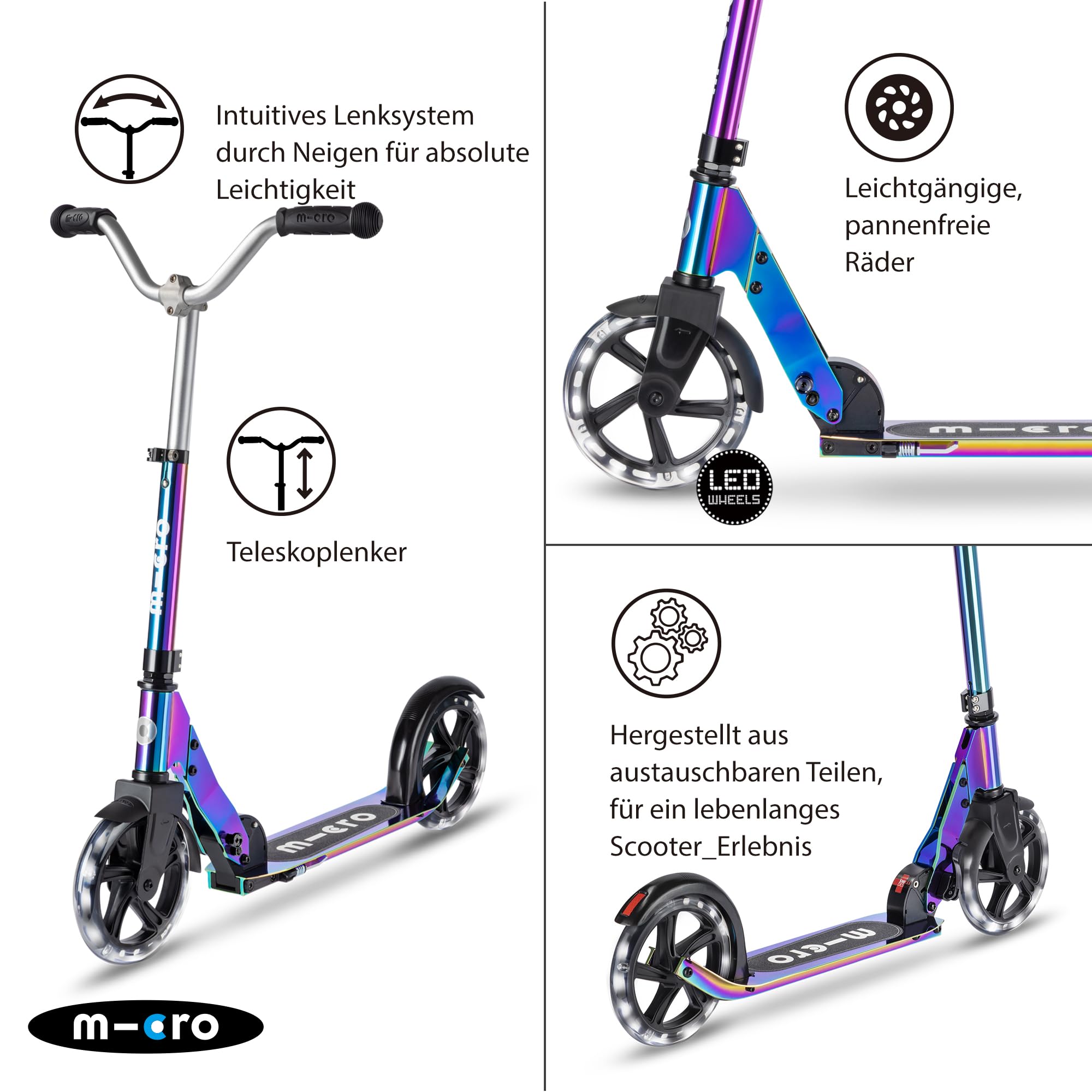 micro™ Cruiser LED | Das ORIGINAL | Kinderroller ab 5 Jahren | Höhenverstellbar & klappbar | Inklusive LED Rollen | stylischer V-Lenker und große Räder | Tretroller für Jungen und Mädchen