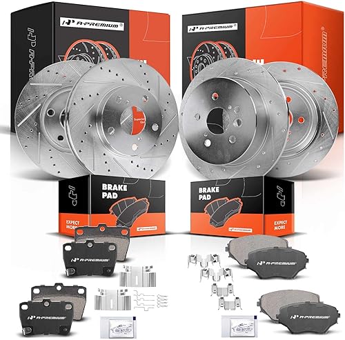 A-Premium Juego de rotores de freno de disco perforados y ranurados delanteros y traseros + pastillas de cerámica compatibles con modelos