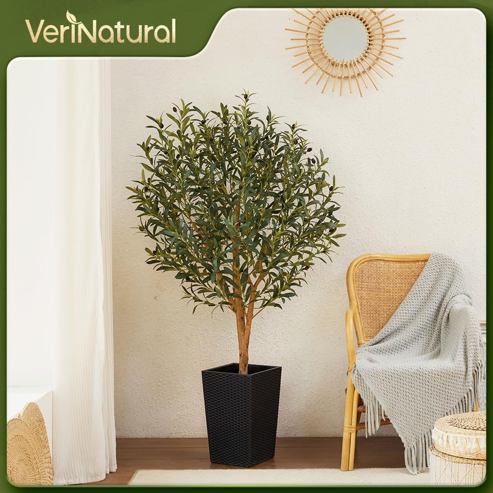VeriNatural Künstlicher Olivenbaum 150cm - Fake Plastik Pflanzen Groß mit Schwarzer Kegelförmigem Topf - UV-beständige Kunstpflanzen wie echt für Wohnzimmer, Büro & Balkon Deko,VN133