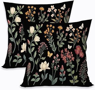 2 Pcs Spring Floral Pillow Covers, Black Botanical Wildflower Herbs Thro...