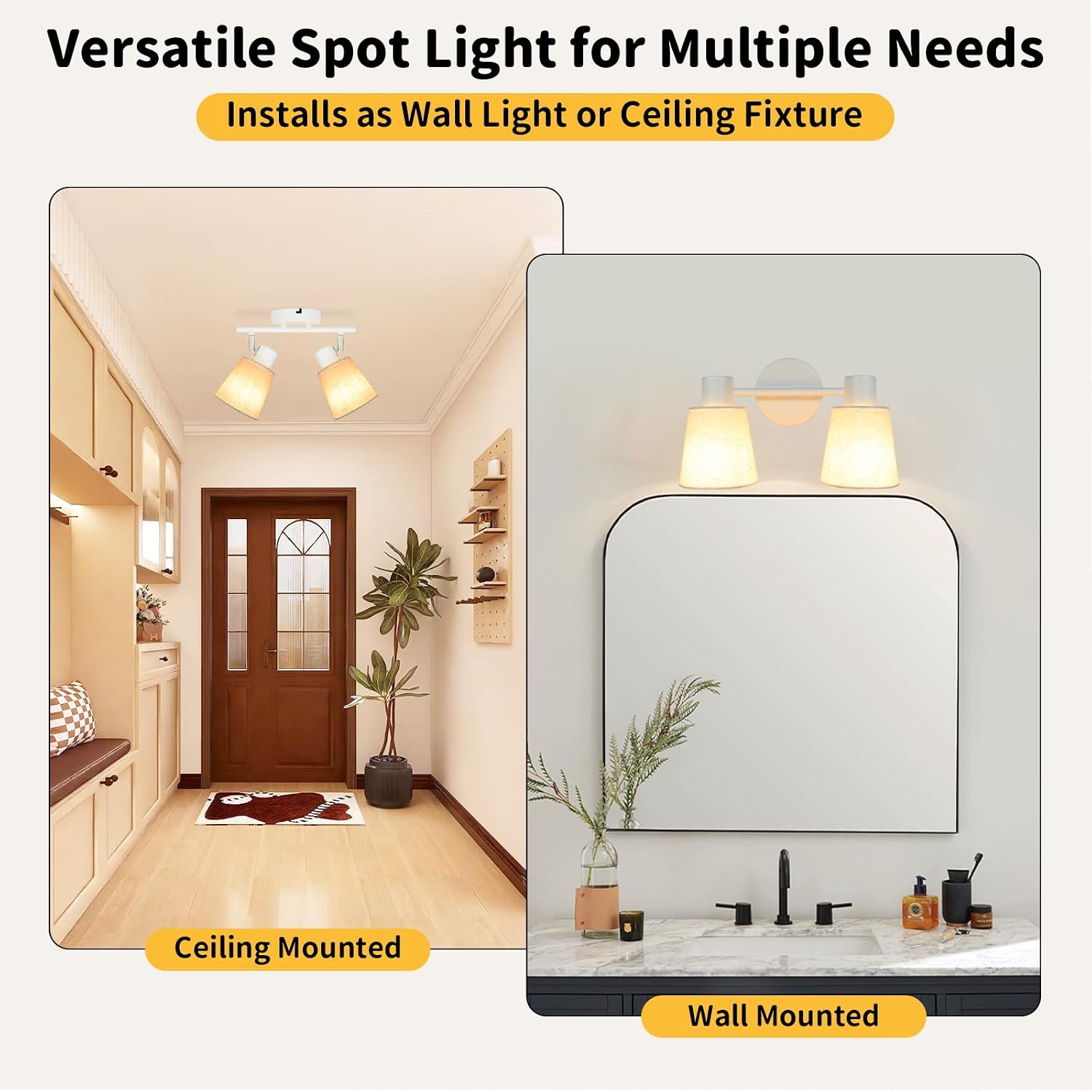 HiBay 2-Light Track Lighting White, Modern Farmhouse Directional Ceiling Light Fixture w/Linen Shade, Flush Monut Spotlight for Kitchen Bedroom Living Room, E26 Base (Bulbs Not Included)