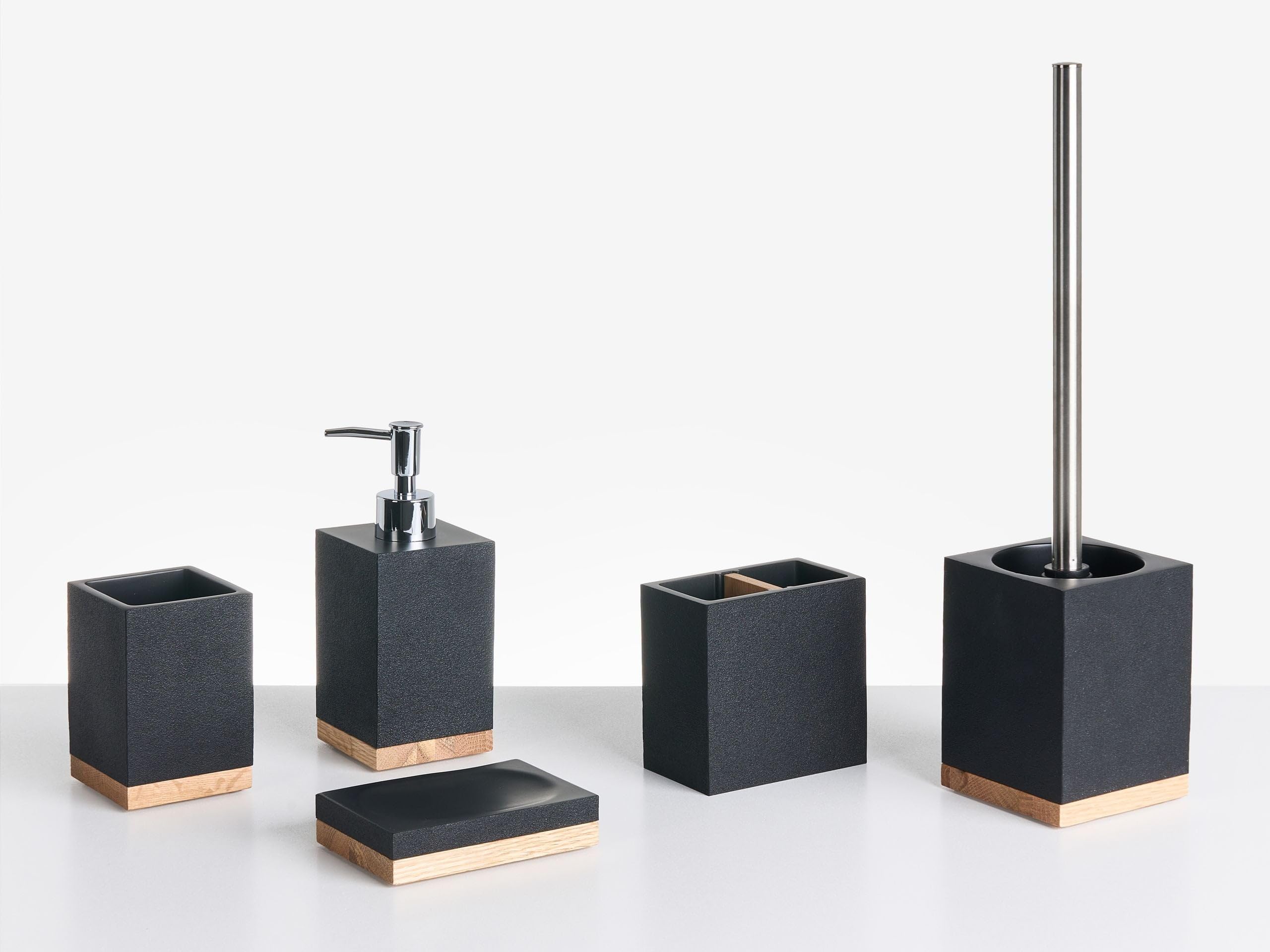 Conjunto de 5 Accesorios de baño jabonera dispensador de jabón escobilla de Inodoro Vaso Soporte para cepillos de Dientes Negro Tapiche