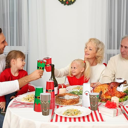 Miniatura 6 de Bokon 100 vasos de Navidad de 16 onzas desechables de plástico con diseño de Papá Noel, cinturón de Papá Noel, muñeco de nieve, diseño de alce,