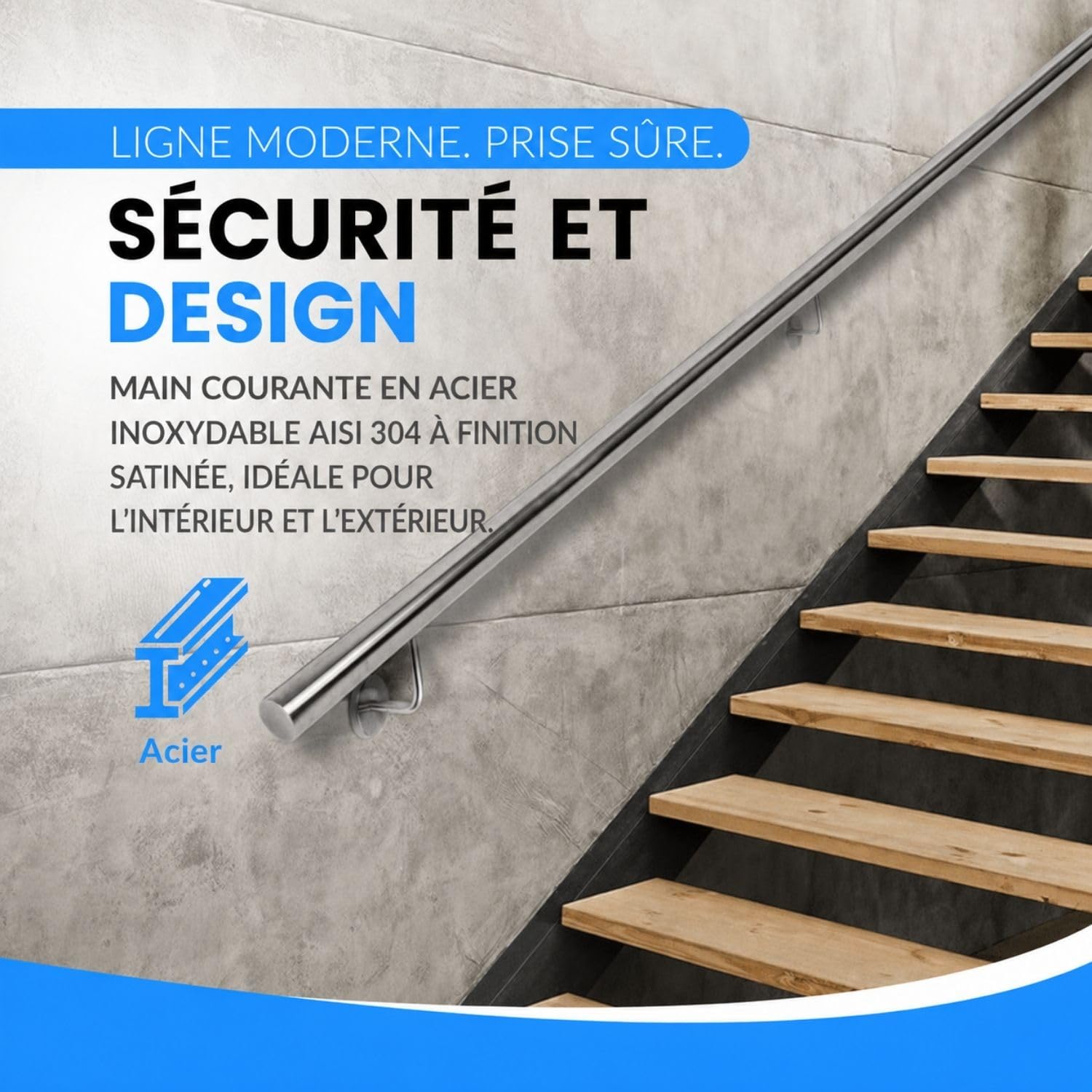 INOXLM Main Courante pour escalier en Acier Inoxydable AISI 304 ⌀ 33,7 mm, Rampe escalier Finition Satinée Fabriqué en Italie, Garde corps escalier pour Intérieur et Extérieur (350cm)