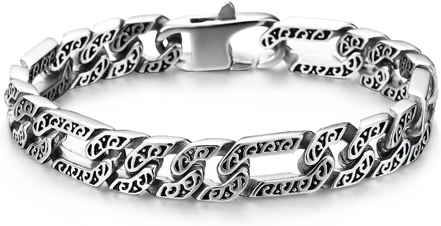 COOLSTEELANDBEYOND Mens Stainless Steel Cuban Curb Chain Bracelet, Vintage Fancy Tribal Tattoo Pattern with Spring Box Clasp