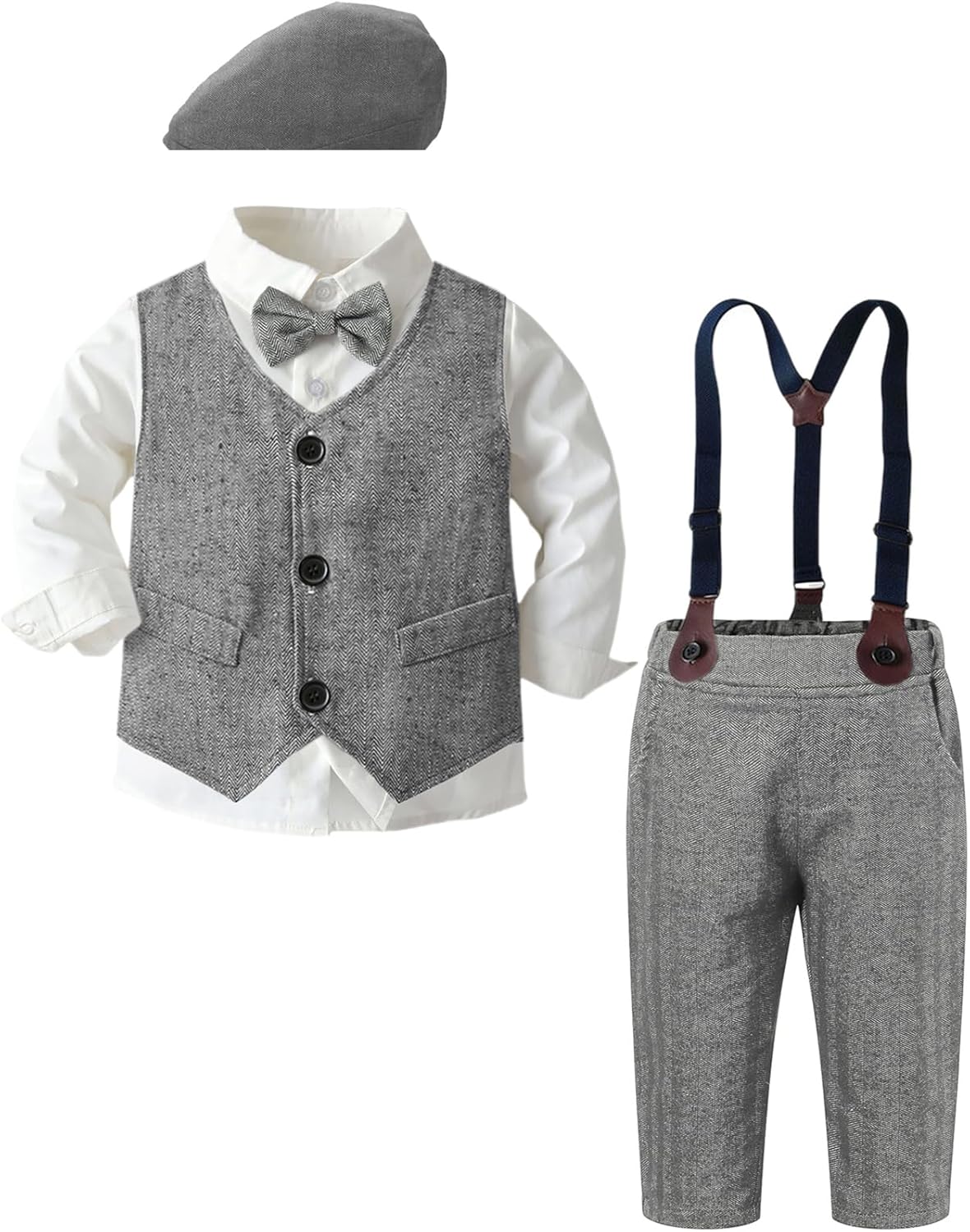 SANGTREE Boys Kids Little Boy Formal Suits Clothes Set, Shirt with Bow Tie Beret Hat Suspender Pants Sets, 3 Months - 9 Years