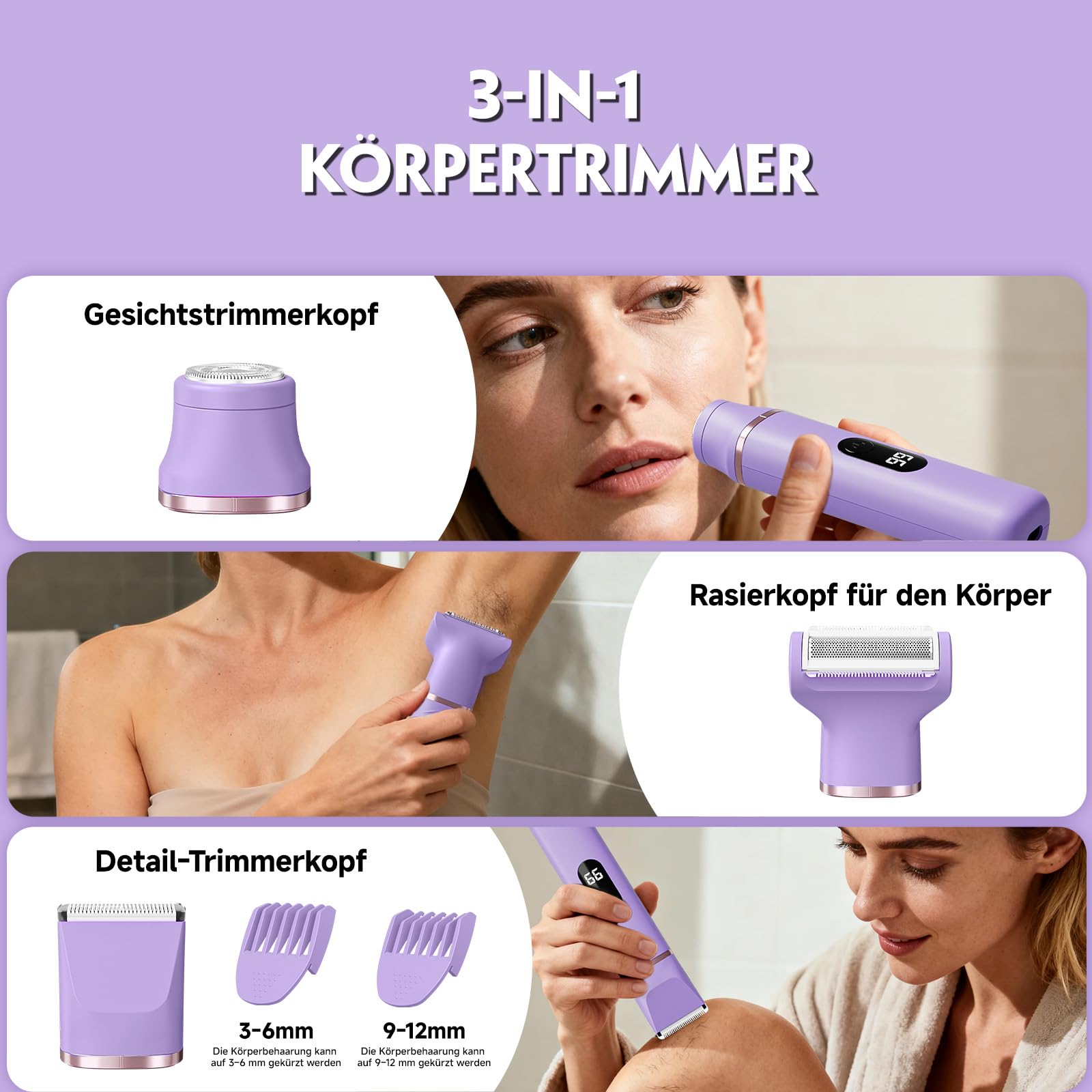 3 in 1 Intimrasierer für Frauen, Tiovara Elektrischer Rasierer Damen für Gesicht Bikinizone Beine, Wasserdicht & Sanft zu Empfindlicher Haut, Nass & Trocken Rasierer mit USB-Aufladung
