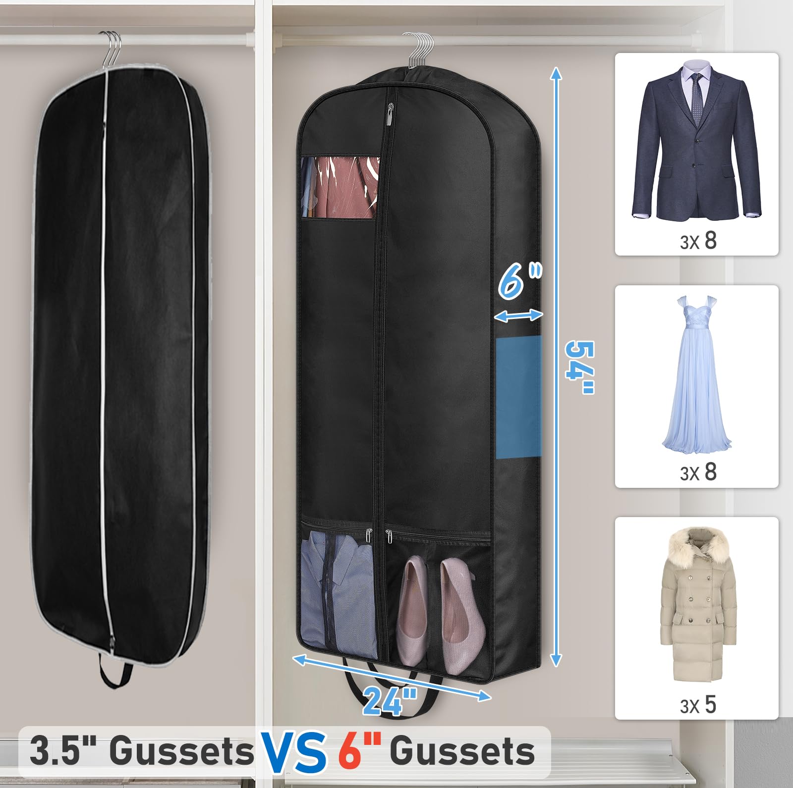 MISSLO 54" Suit Bag for Travel Garment Bag 6" Gusseted Men Suit Carrier Long Women Dress Bag Covers with 4 Handles and Pockets Hanging Protector for Coats Clothes - Image 4