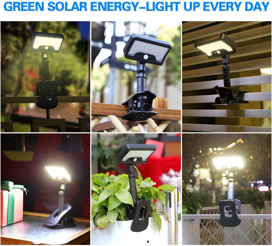 Clip on Solar Lights Outdoor Motion Sensor Lamp Outside Waterproof 184 LEDs 600LM Brightness Warm Color Lighting Modes 360 Rotatable Vertically Adjustable Clip Ideal Decor for Fence, Gutter, Camping