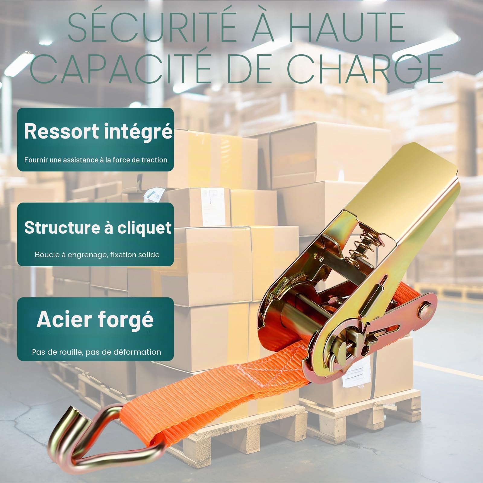 Pavlleen Lot de 4 Sangles d'arrimage à cliquet - 4 x 1 000 kg - 2,5 cm x 4 m - avec cliquet et Crochet - Charge maximale : 1 000 kg - Robustes