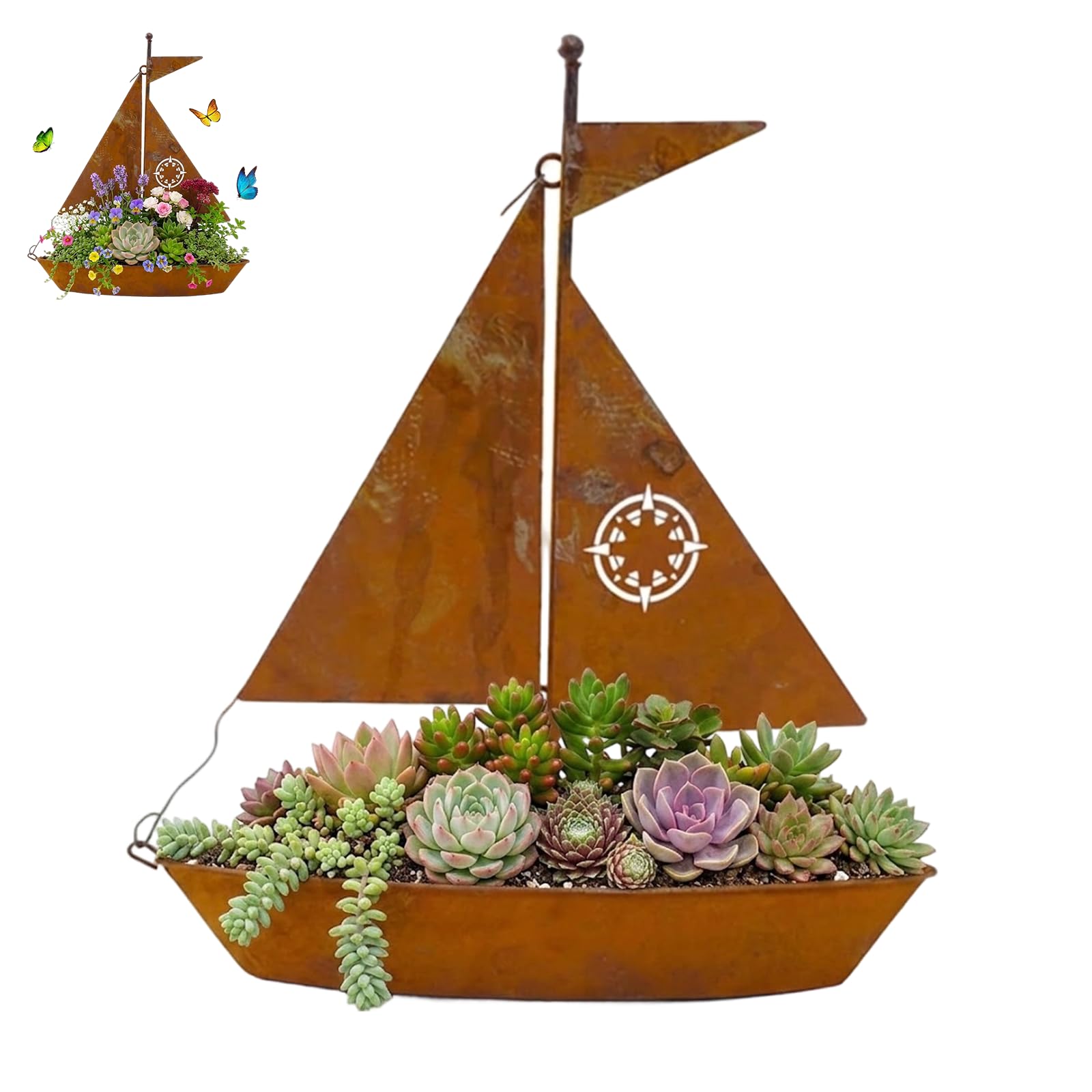 LLELEMAMO Rustic Sailboat Metal Planter – Handcrafted, Weather-Resistant & Perfect for Succulents, Herbs or Flowers – Charming Garden or Shelf Decor (1 Pc)