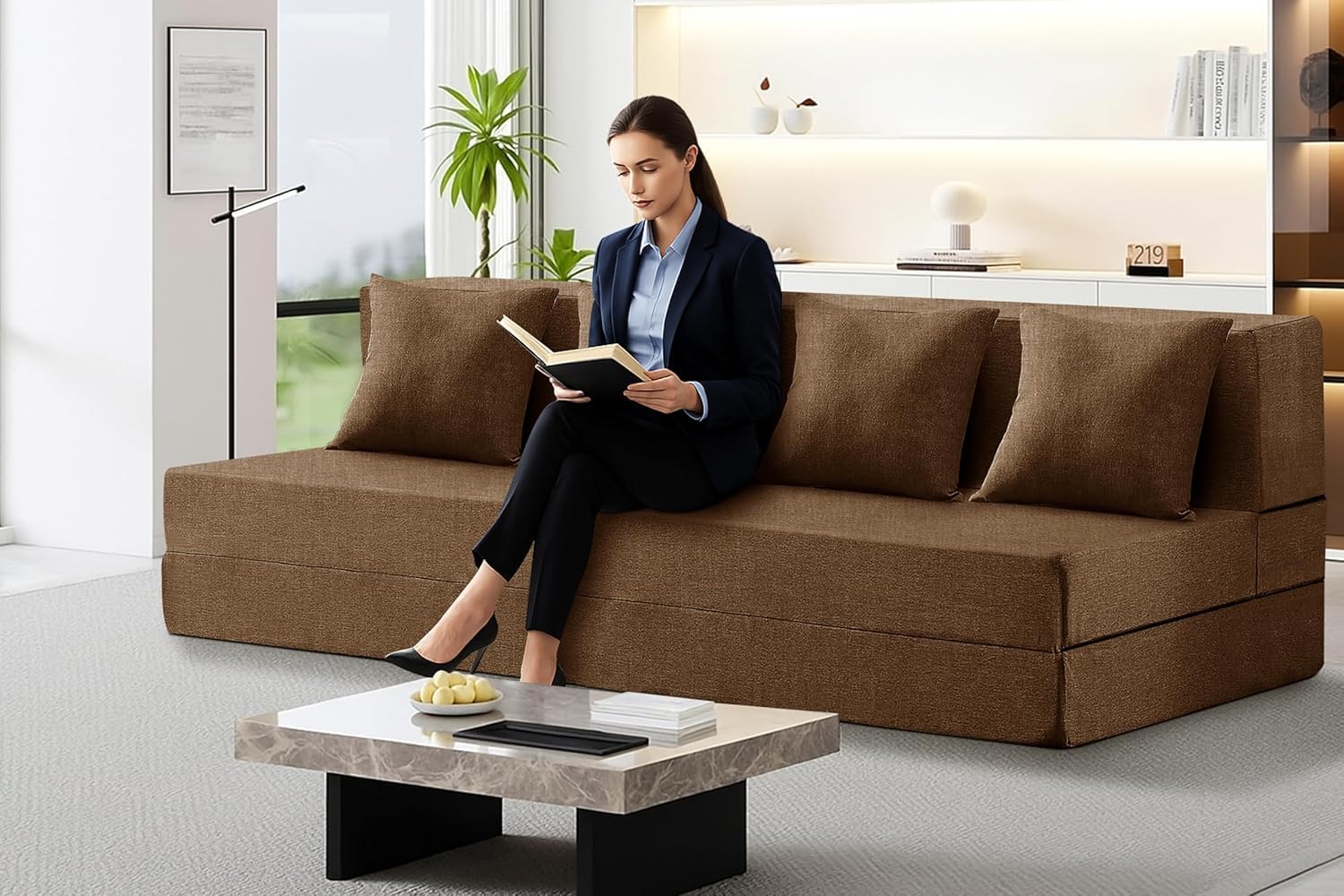 Los Angeles Foldable Four Seater Sofa Cum Bed, Sofa Bed 6 X 6 Feet Jute Fabric Washable Cover Including 4 Cushion Perfect for Living Room - Brown Color-picture-31