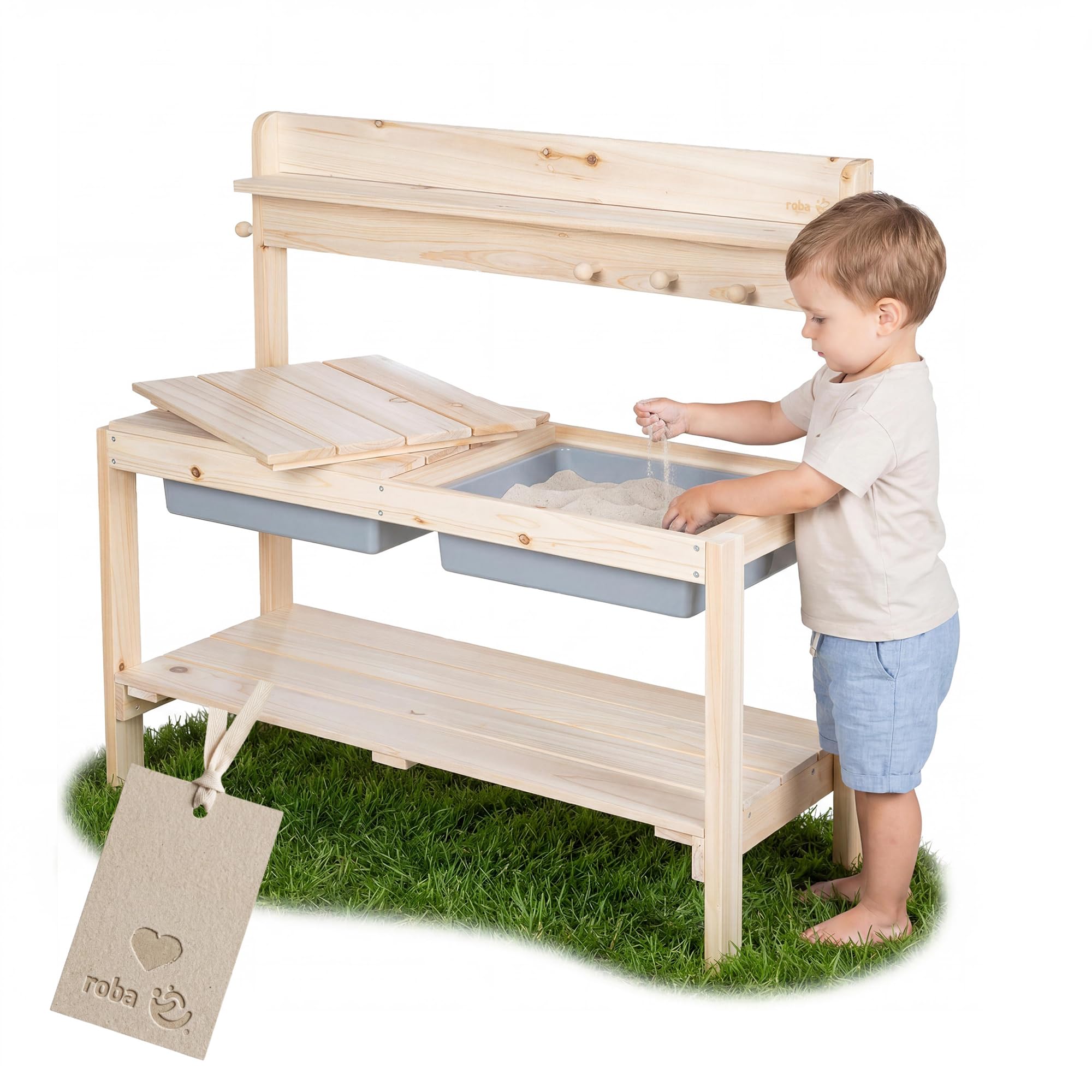 roba Kinder Outdoor+ Gartenküche "Fun" - Holz - Matschküche mit Abnehmbarer Abdeckung - Natur