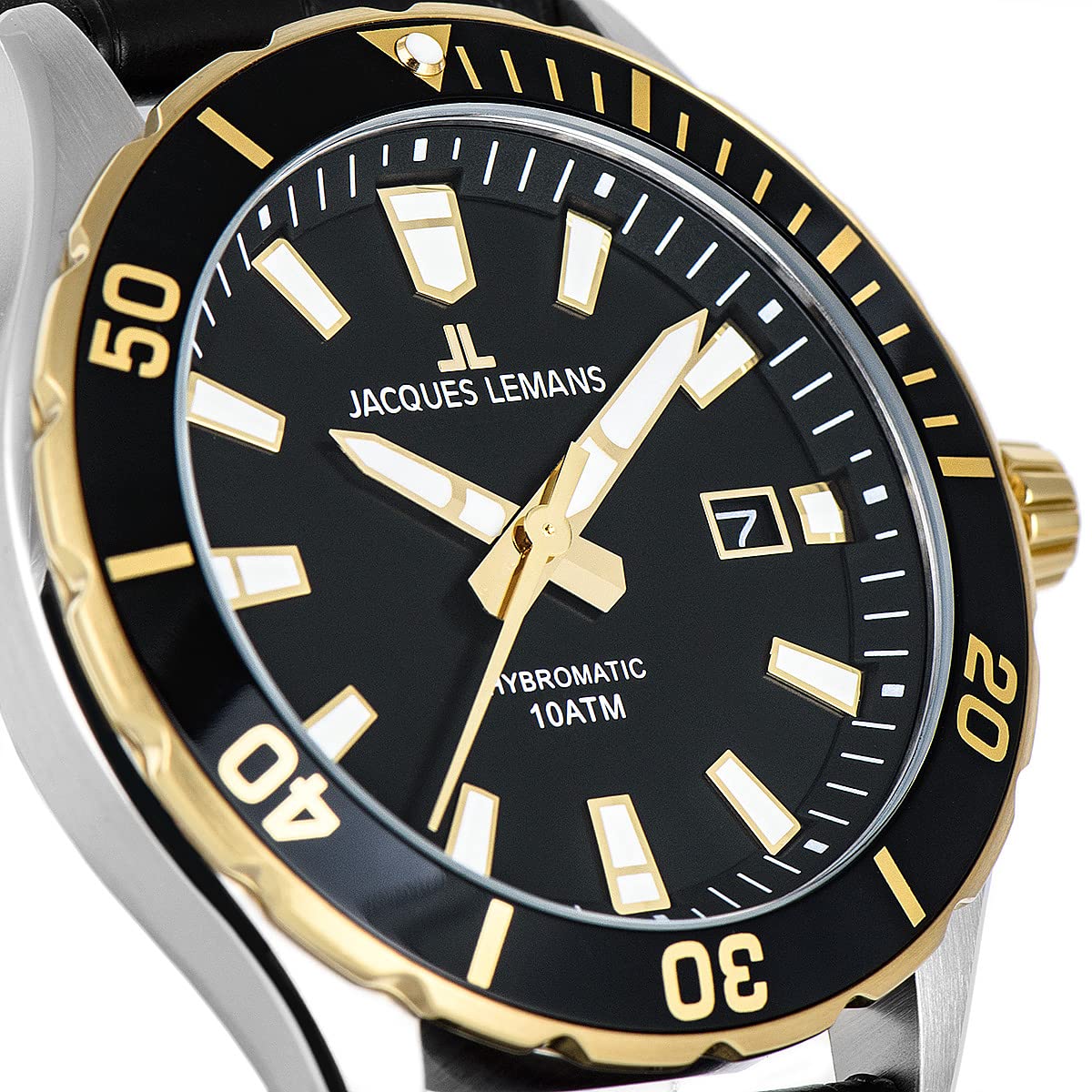 JACQUES LEMANS Zegarek męski, Hybromatic zegarki męskie, chronograf z masywnej stali nierdzewnej z silikonową skórzaną bransoletką, model 1-2131