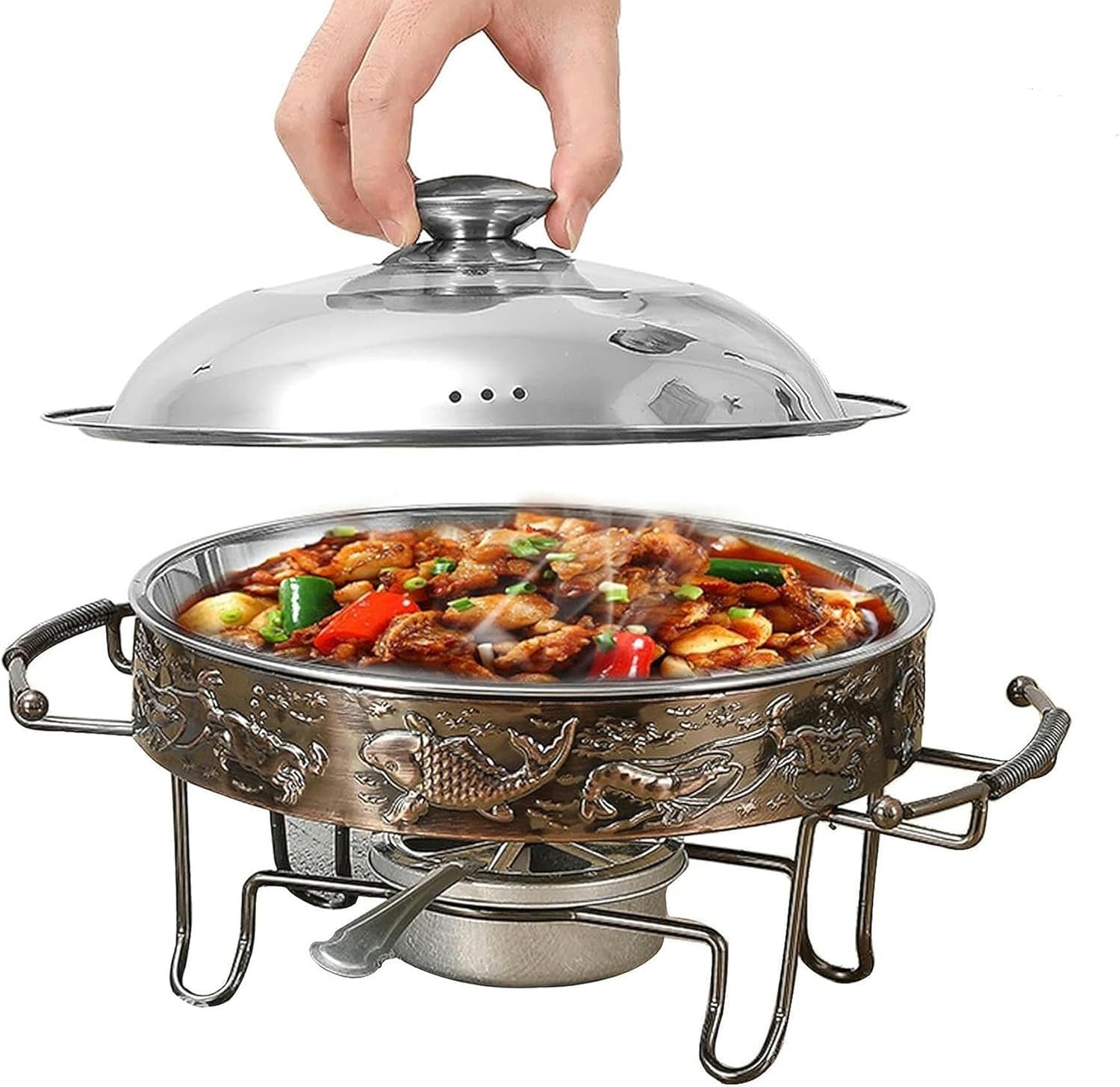 Round Chafing Dish & Food Warmers, Stainless Steel Full Size Buffet Server Warming Tray with Alcohol Furnace and Lid(24cm) ()