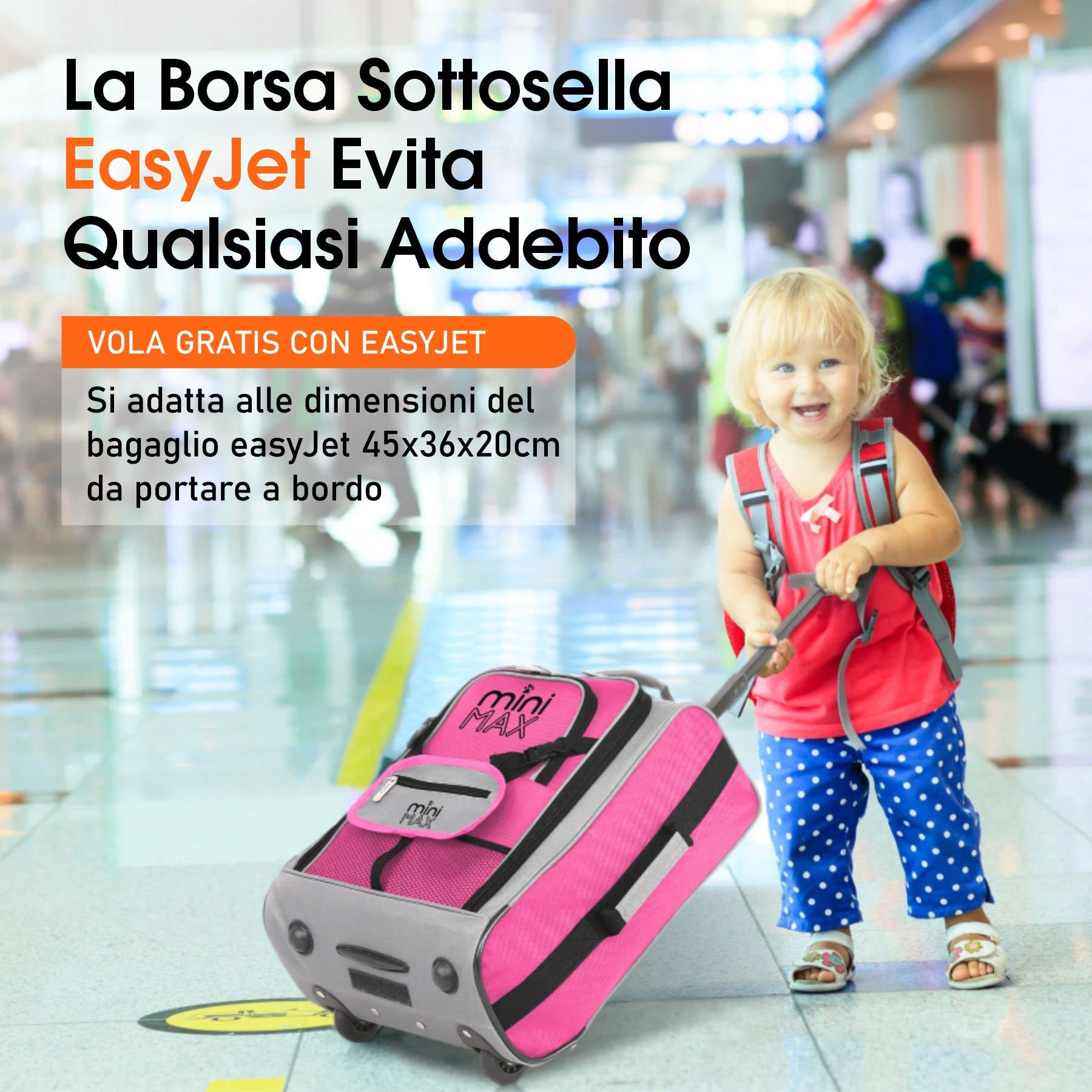 MiniMax - Valigia da viaggio con ruote con tasca frontale per giocattoli/bambole/orsacchiotti