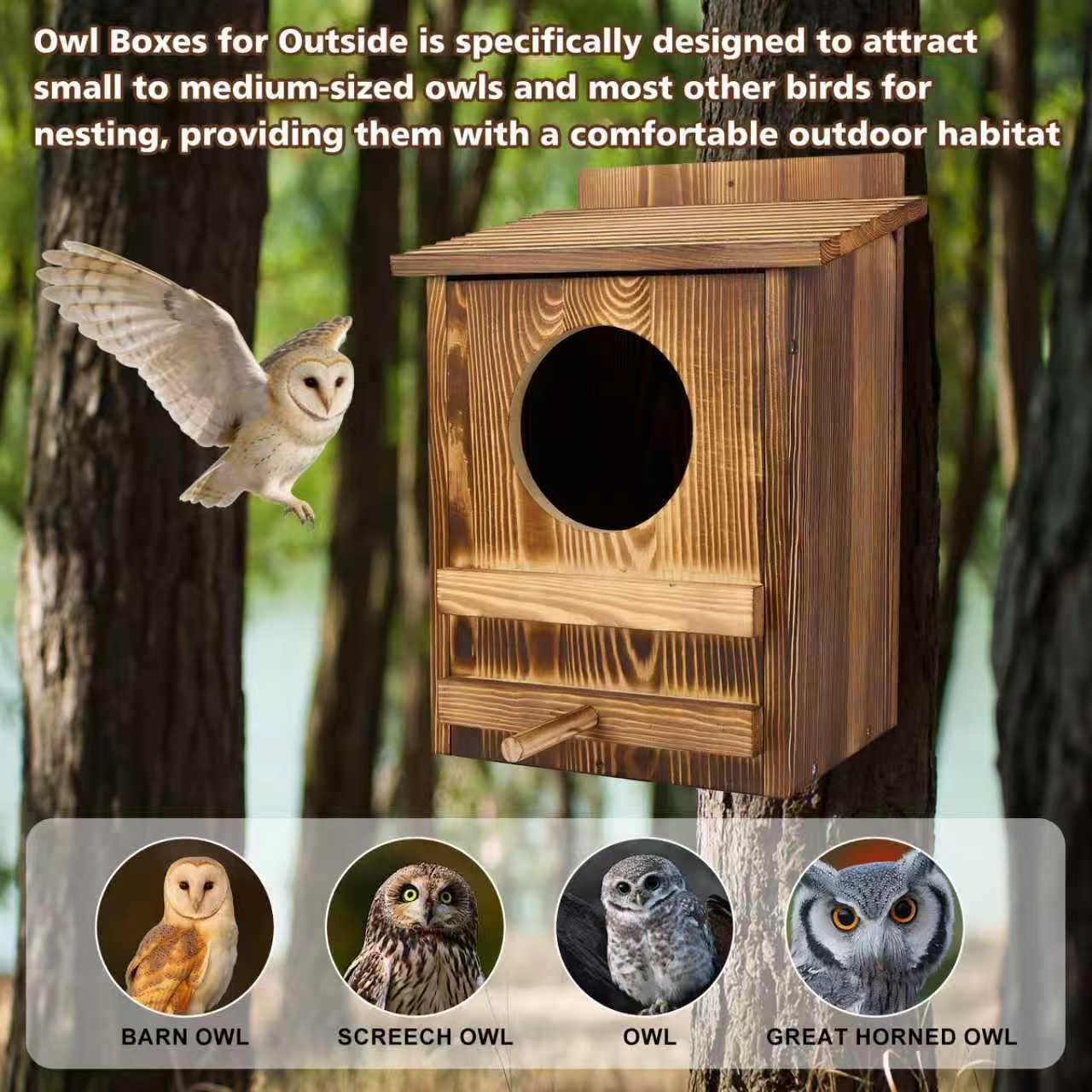 2PCS Owl Houses for Outdoors, 16.1x11.8x9.5-inch Large Carbonized Owl Nesting Boxes for Outside, Waterproof & Ventilated Design， Designed Specifically for Owls and Wildlife Nesting
