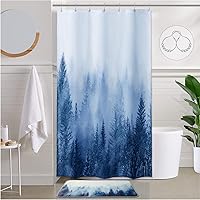 Vista 26 de ORTIGIA Cortina de ducha de 78 pulgadas de bosque neblinoso verde oscuro para baño, juego de cortina de ducha de naturaleza y bosque con ganchos
