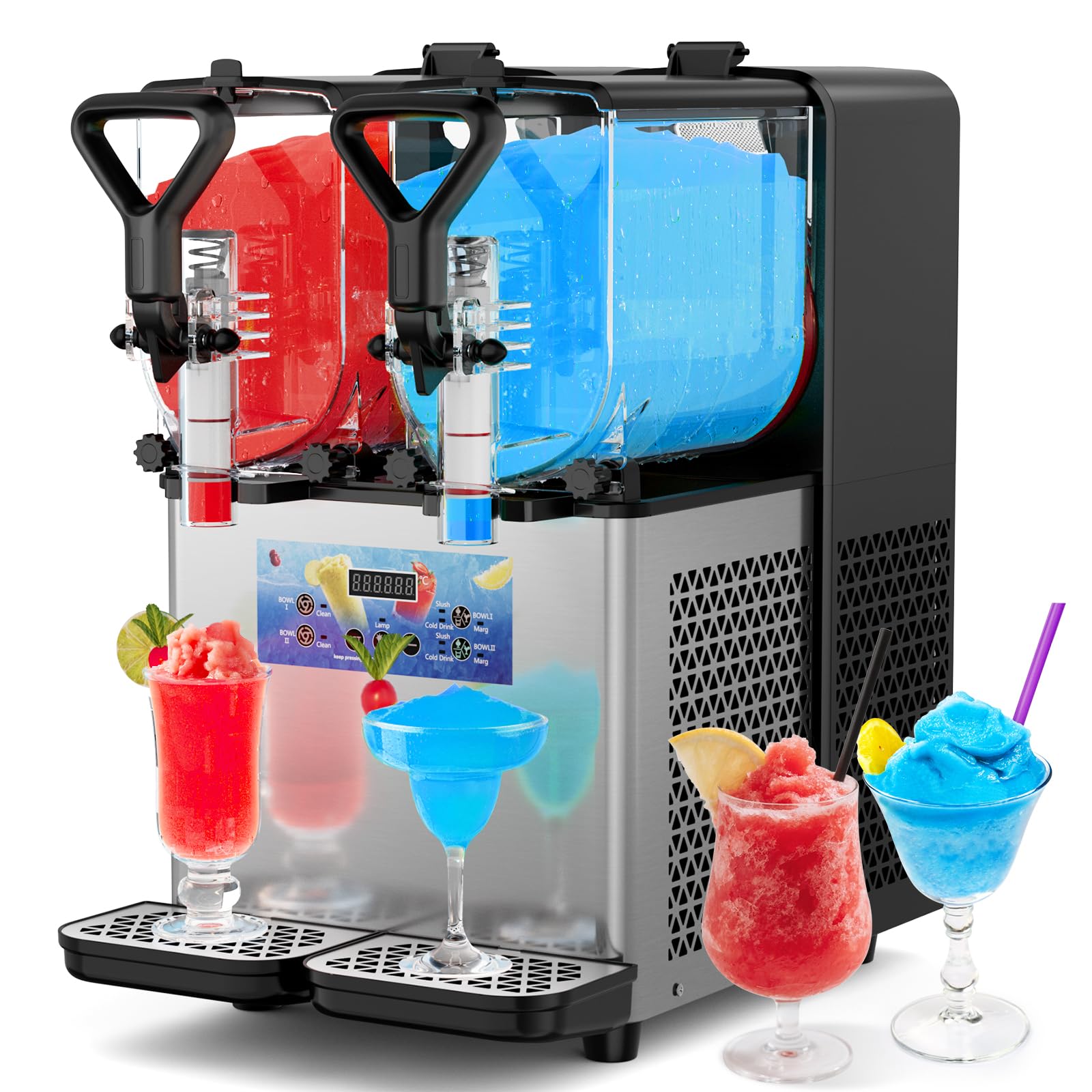 Slushie Machine, No Ice Needed, 2 Gal/8L, 4L×2 Tanks Frozen Drink Machine, 110V Stainless Steel Margarita Machine for Restaurant Home Party Bar Cocktail Alcohol Beverage Wine