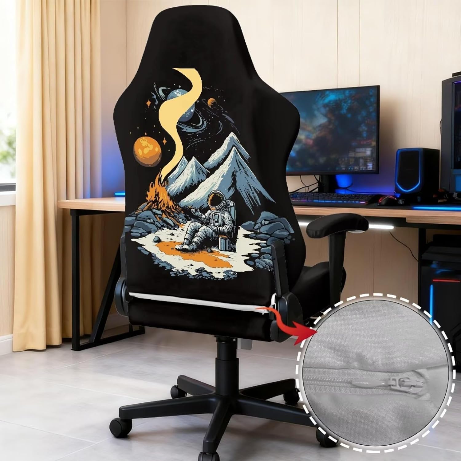 Gaming Chair Covers Spaceman Moon Stretchable 4 Piece Game Chair Cover Fits PC/Office Recliners Soft Furniture Protector Anti-Scratch & Washable for Indoor Gamer