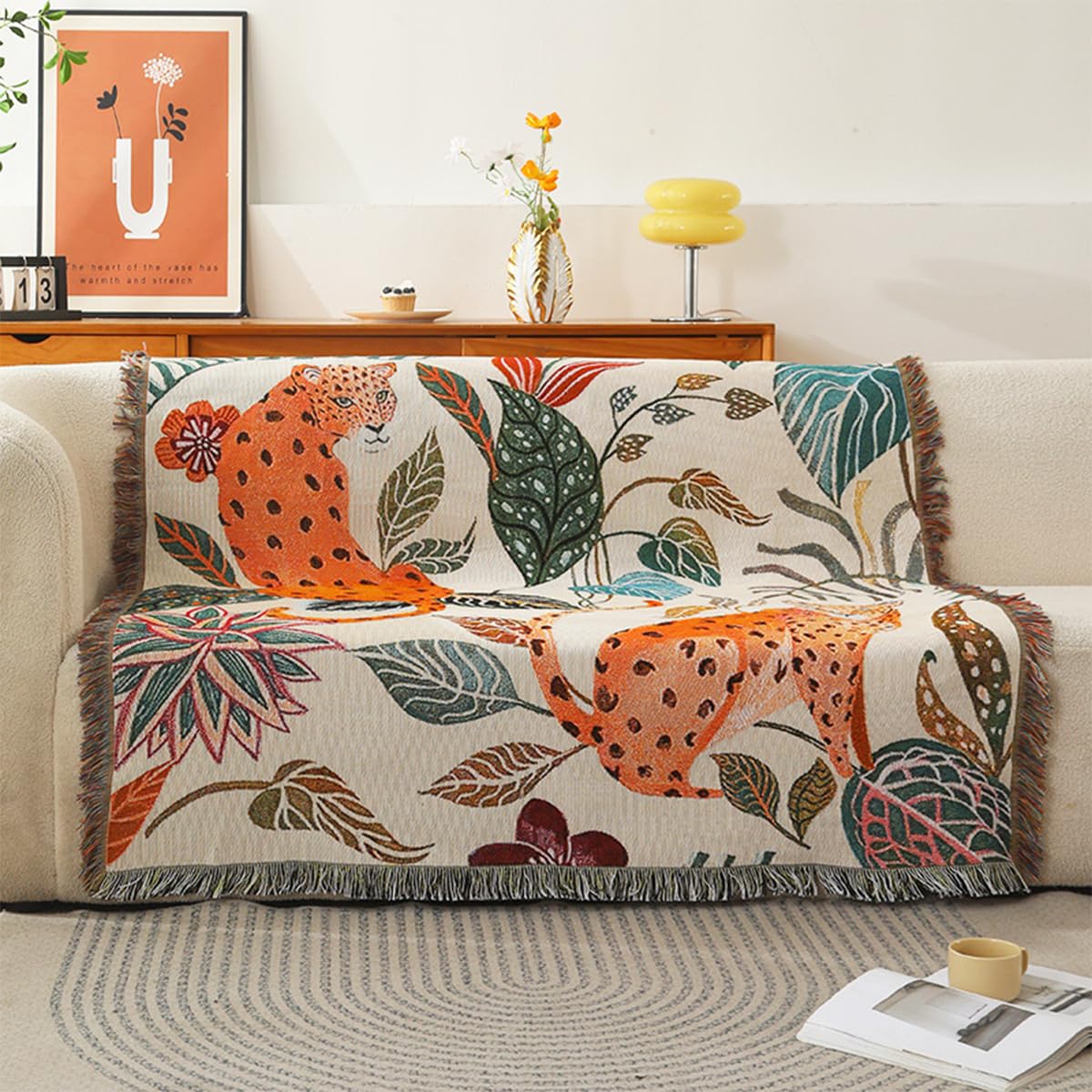 LumiSyne Manta De Doble Cara Manta De Algodón Tejida con Borlas Selva Estilo Bohemio Tapiz Mantón Decorativa Mantas para Sofá Cama Silla Camping Manteles Alfombra 160x130cm