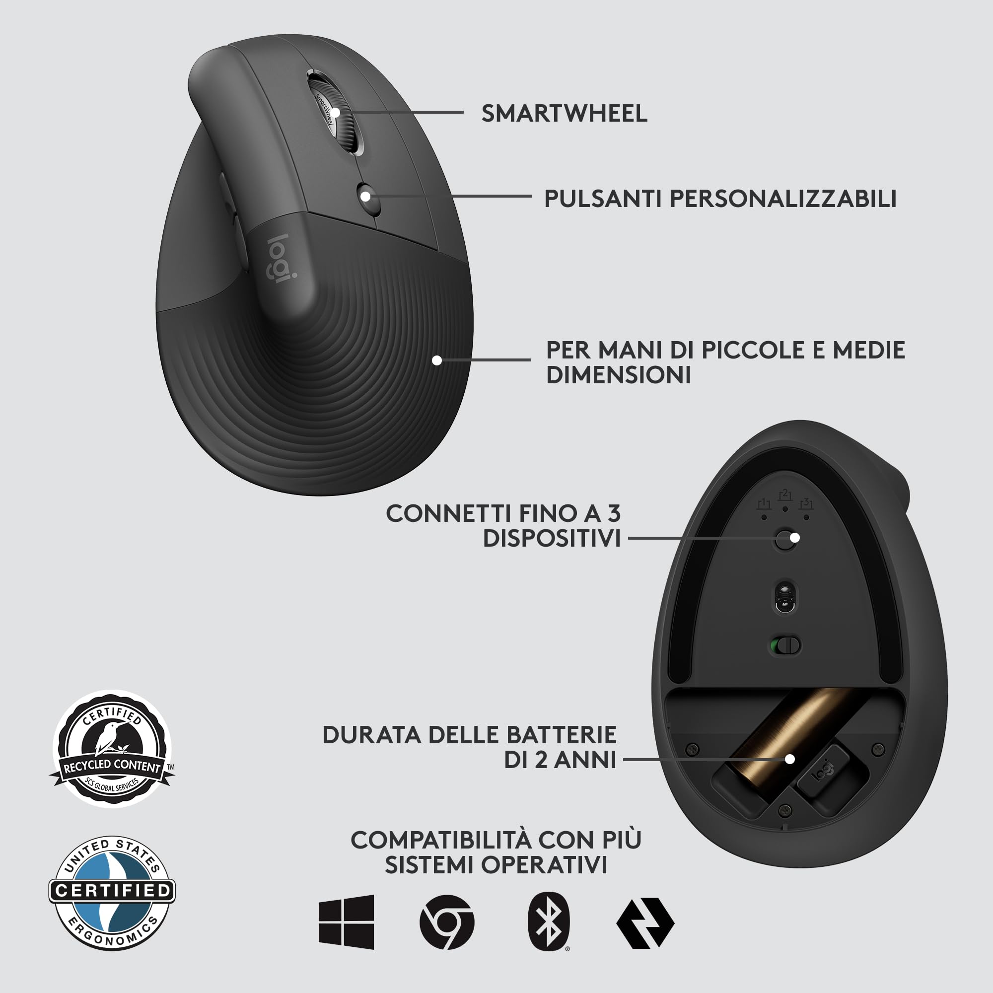 Logitech Lift For Business, Mouse Verticale Ergonomico, Wireless, Bluetooth, USB Secured Logi Bolt, Clic Silenziosi, Certificazione Globale, Windows/Mac/Chrome/Linux - Graphite