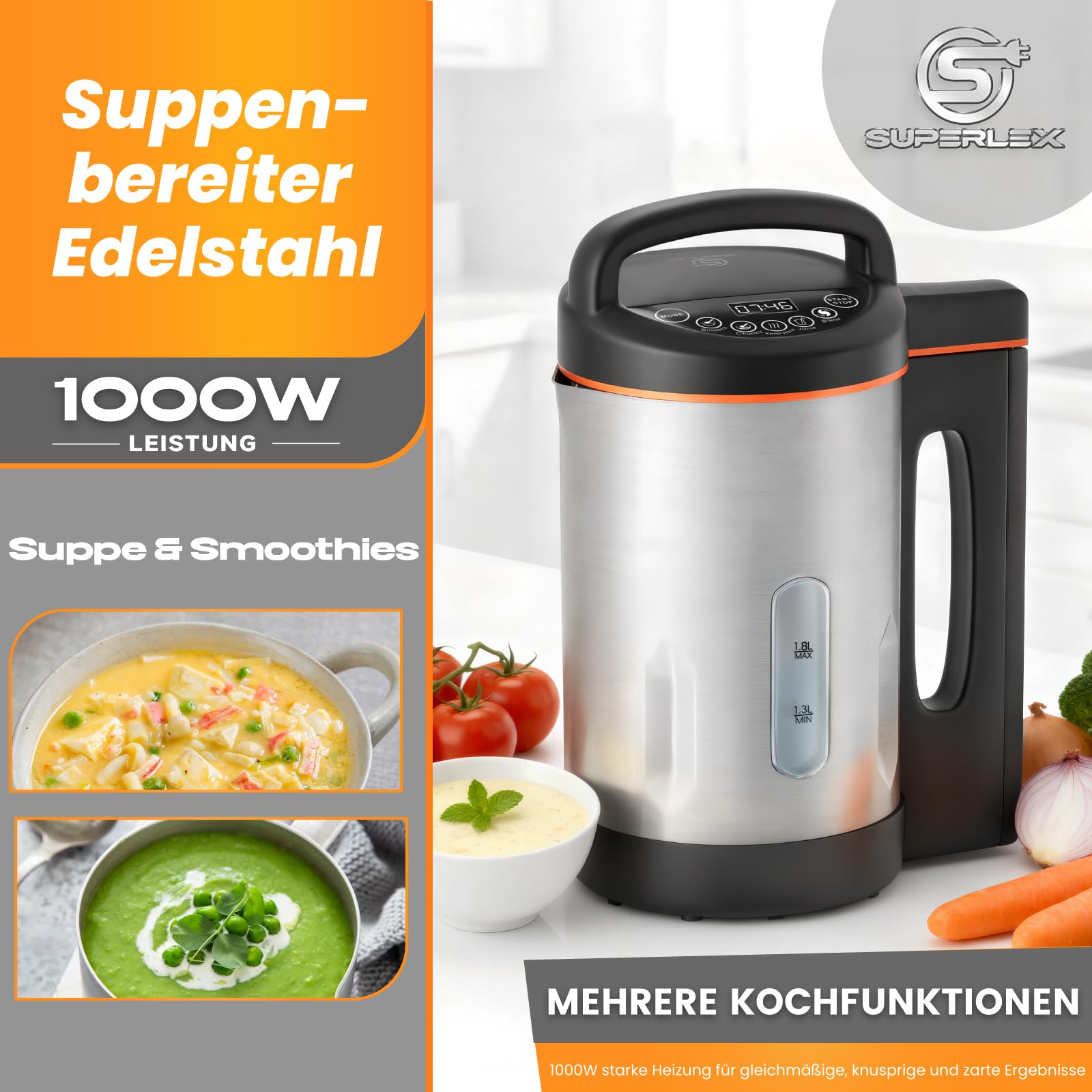 Zuppa elettrica multifunzione da 1,8 l, in acciaio inox, 1000 W, con funzione mixer, 4 programmi, timer, funzione di mantenimento del calore, autopulente per zuppe frullati