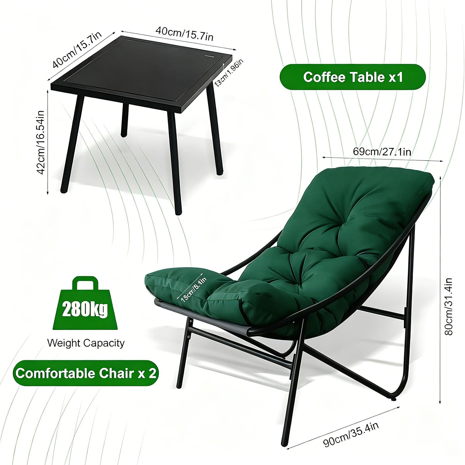 Balkonmöbel Set 3 teilig, Terrassenmöbel 2 Stühle mit Sitzkissen und Tisch, Gartentisch mit Stühlen, Balcony Furniture, Balkonmöbel Set für Kleinen Balkon, für Terrasse, Balkon (Grün, 90 x 69 x 80CM)