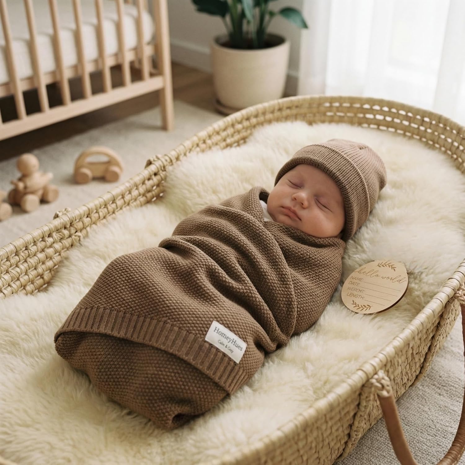 Luxury Baby Gift Set for Newborns - 100% Cotton Knit Blanket Essentials with Matching Beanie, Thoughtful Baby Shower & New Baby Gift for Boys & Girls(Caramel)