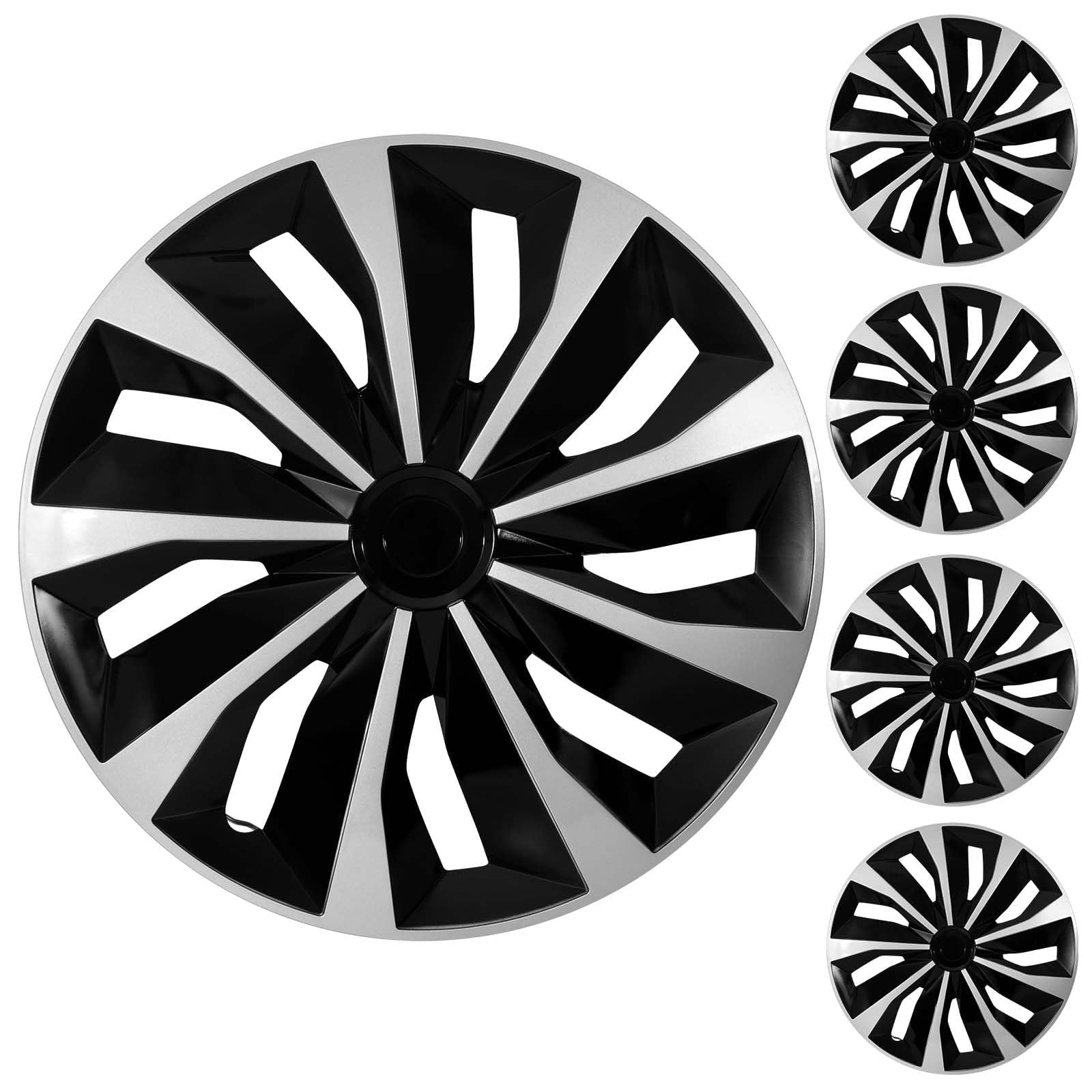 ABX Hubcaps, 16 inch hubcaps Set of 5, Wheel Rim Cover ABS Material, Snap On Car Truck SUV Replacement, for Toyota Camry Nissan Mazda etc, Black &amp; Silver