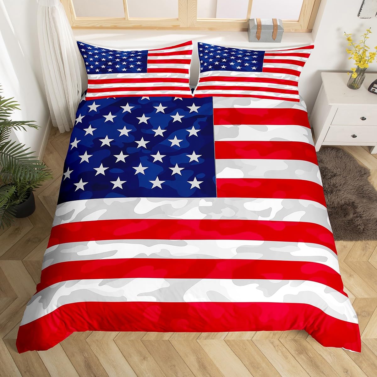 richhome American Flag Duvet Cover Set Camouflage American Flag Bedding Set Double Size Army Camouflage Comforter Cover Blue Red White Star Decor โ image 1