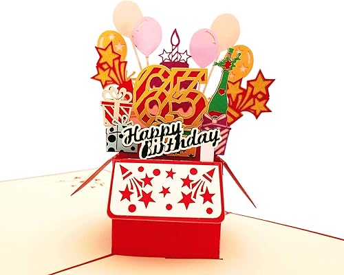Miniatura 2 de iGifts And Cards Tarjeta de felicitación emergente 3D con caja de fiesta de cumpleaños número 65 color rojo de feliz 65 años – Sesenta y cinco,