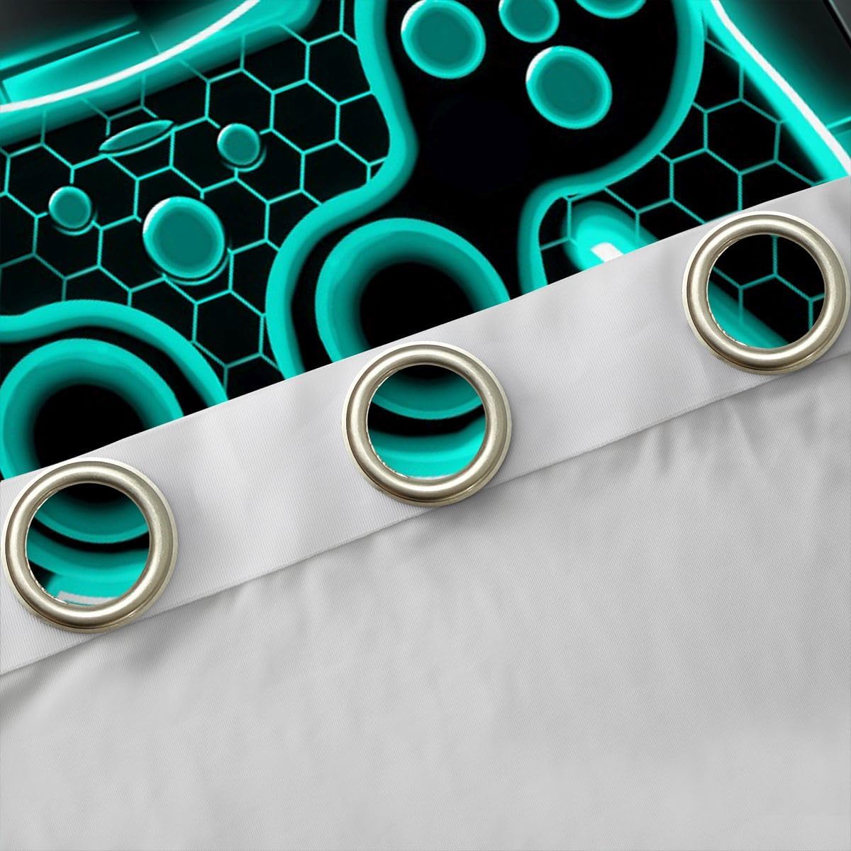 Feelyou Gamer Curtains for Bedroom Living Room (2 Panels, 52 x 84 Inch) Teal Blue and Black Darkening Drapes for Boys Gaming Ombre Blackout Curtains Geometric Square Window Treatments
