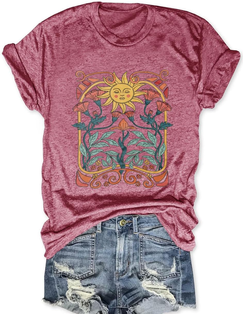 Women Vintage Wildflower T Shirt Funny Sun Mystical Shirts Boho Graphic Tees Short Sleeve Tops